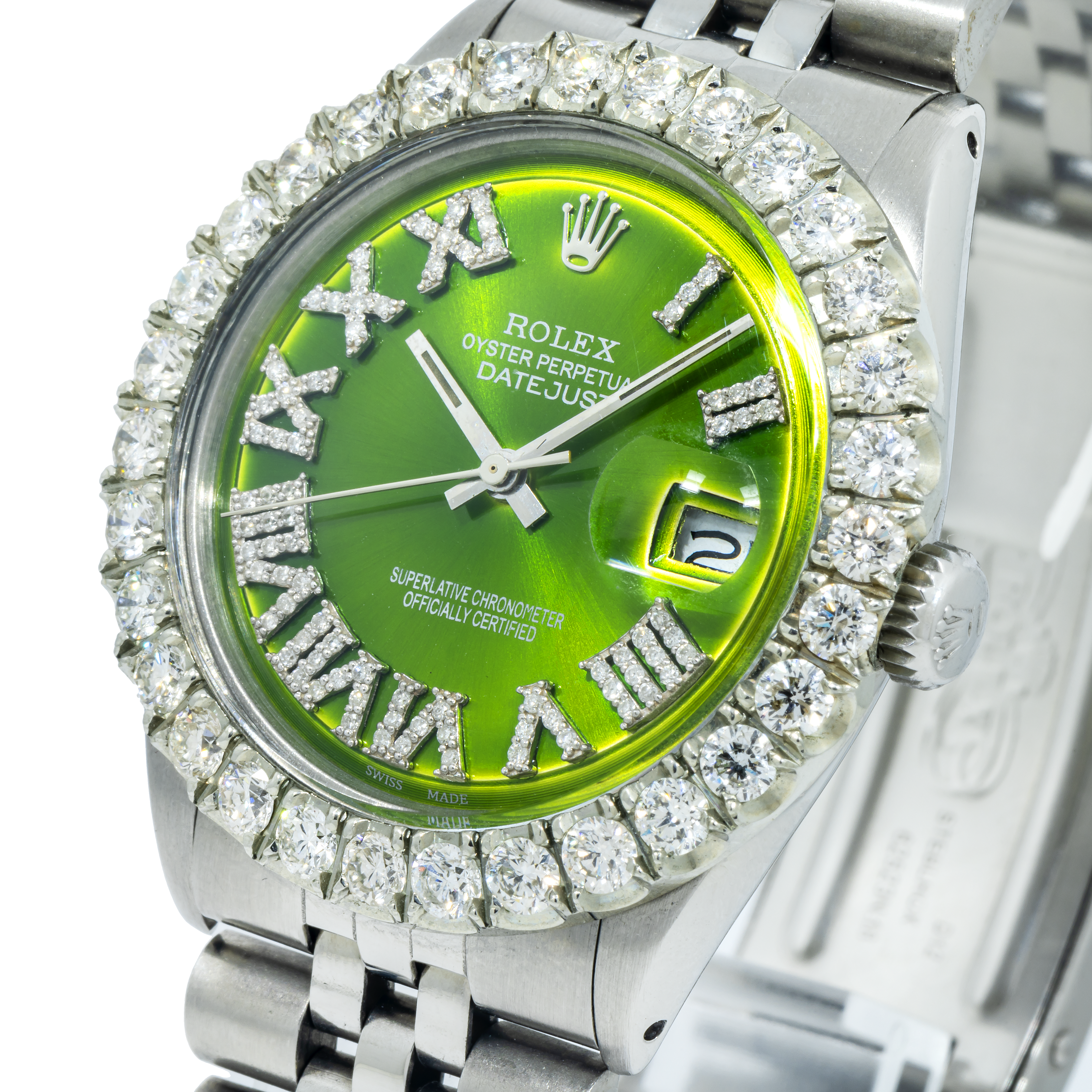 Rolex Datejust 1601 36MM Green Diamond Roman Dial & Bezel With Stainless Steel Jubilee Bracelet
