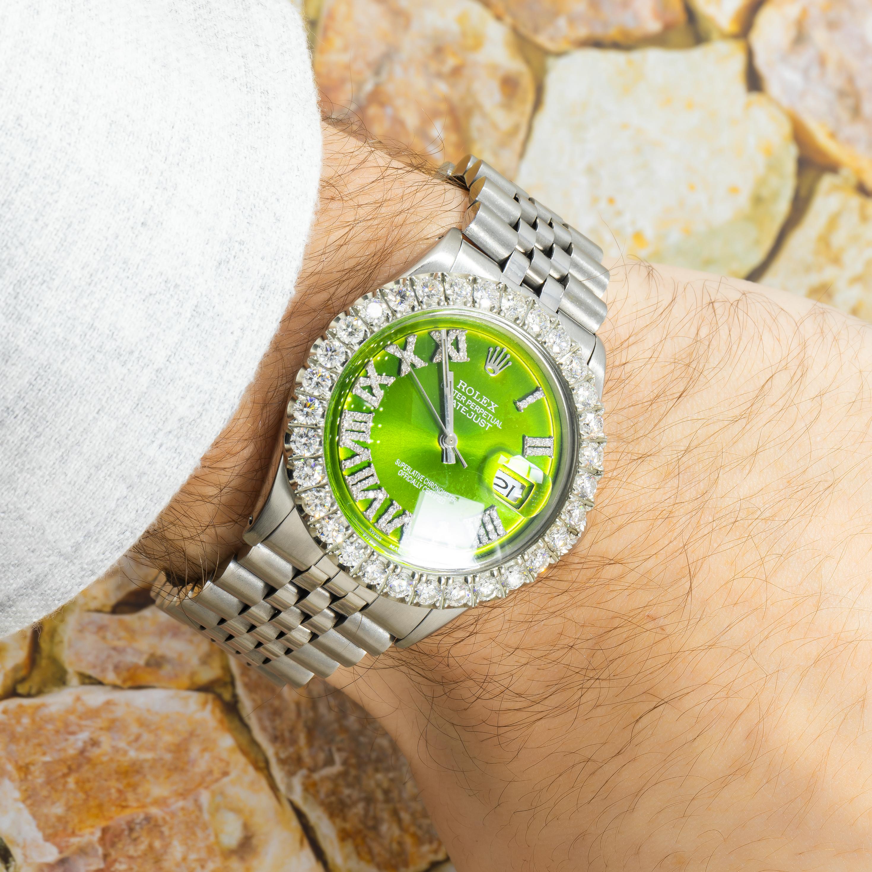 Rolex Datejust 1601 36MM Green Diamond Roman Dial & Bezel With Stainless Steel Jubilee Bracelet