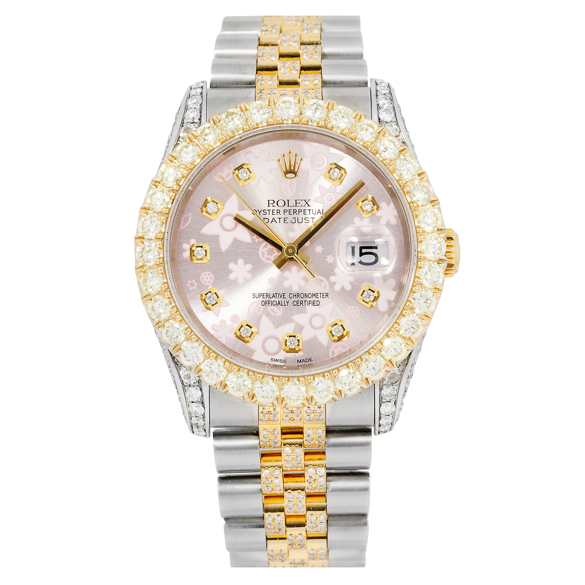 Rolex Datejust 36MM 116233 Pink Floral Diamond Dial Diamond Bezel Two Tone Semi Diamond Jubilee Bracelet