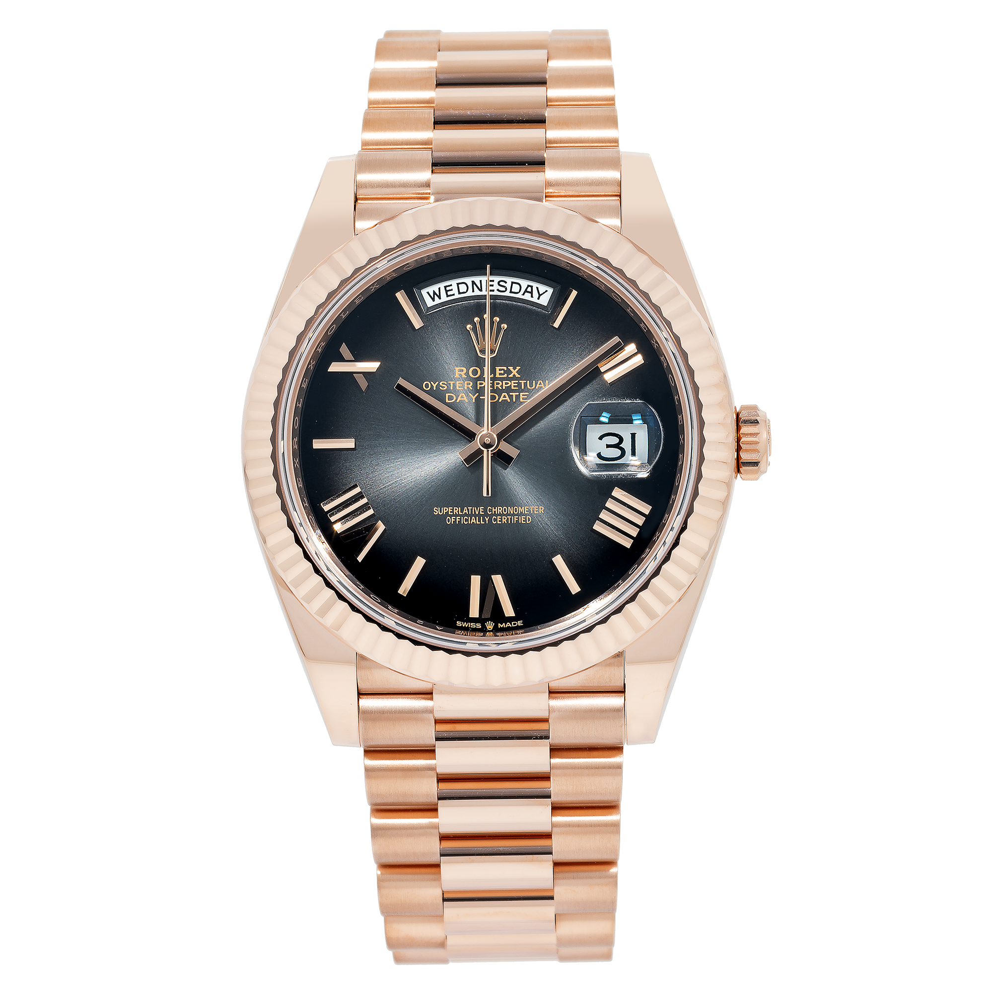 Rolex Day Date 228235 40MM Black Roman Numeral Dial With Rose Gold Presidential Bracelet
