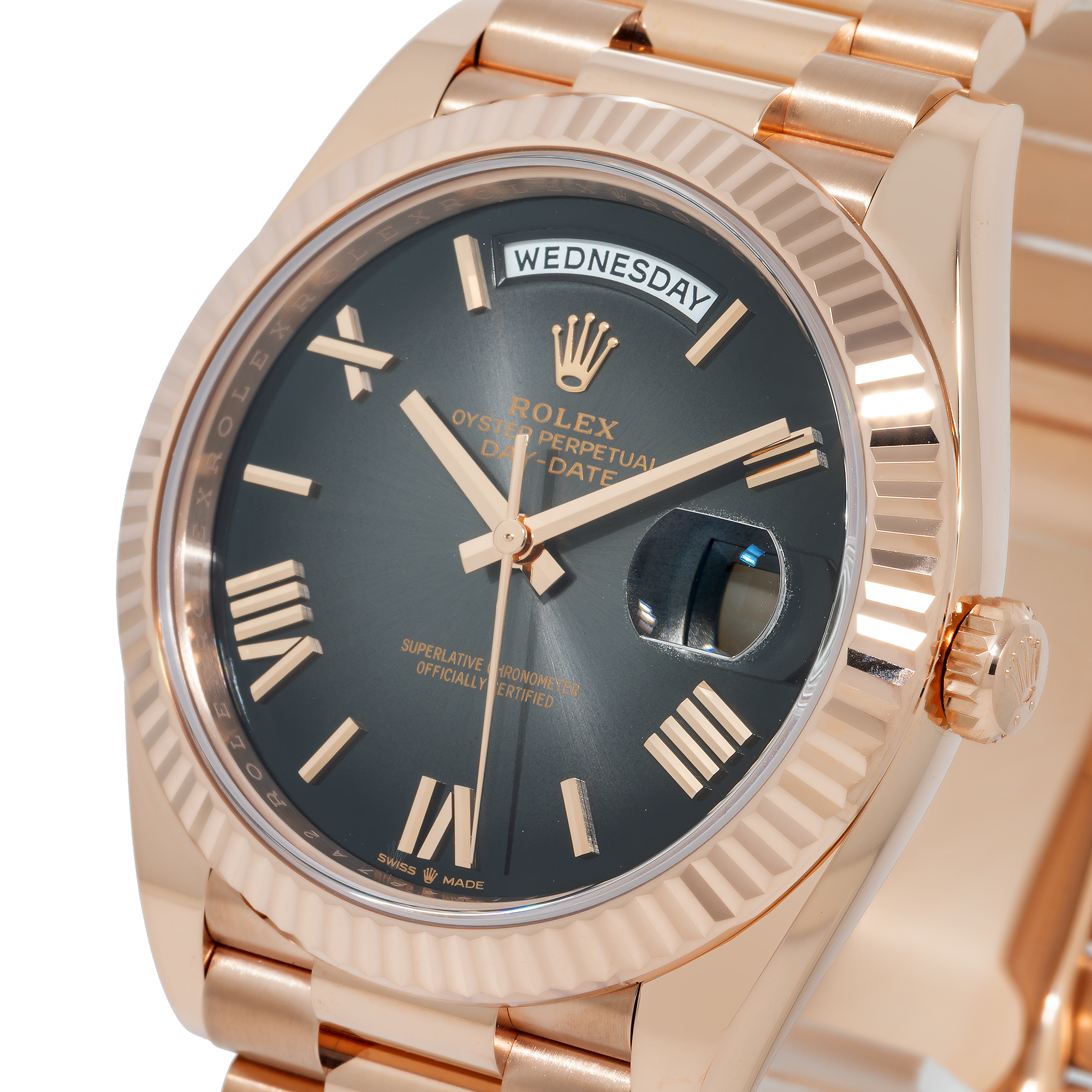 Rolex Day Date 228235 40MM Black Roman Numeral Dial With Rose Gold Presidential Bracelet