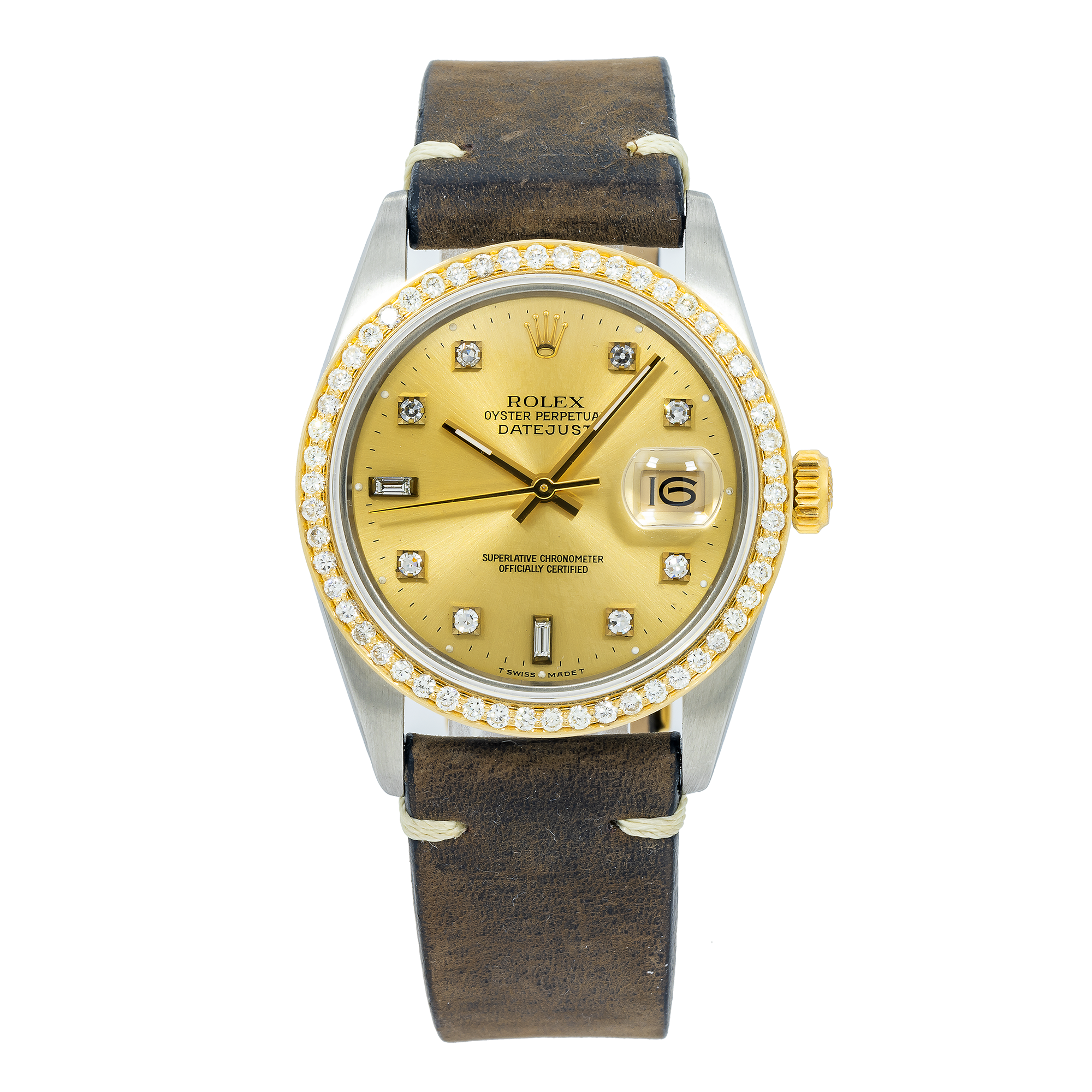 Rolex Datejust 16013 36MM Champagne Baguette Diamond Dial & Bezel With Brown Leather Bracelet