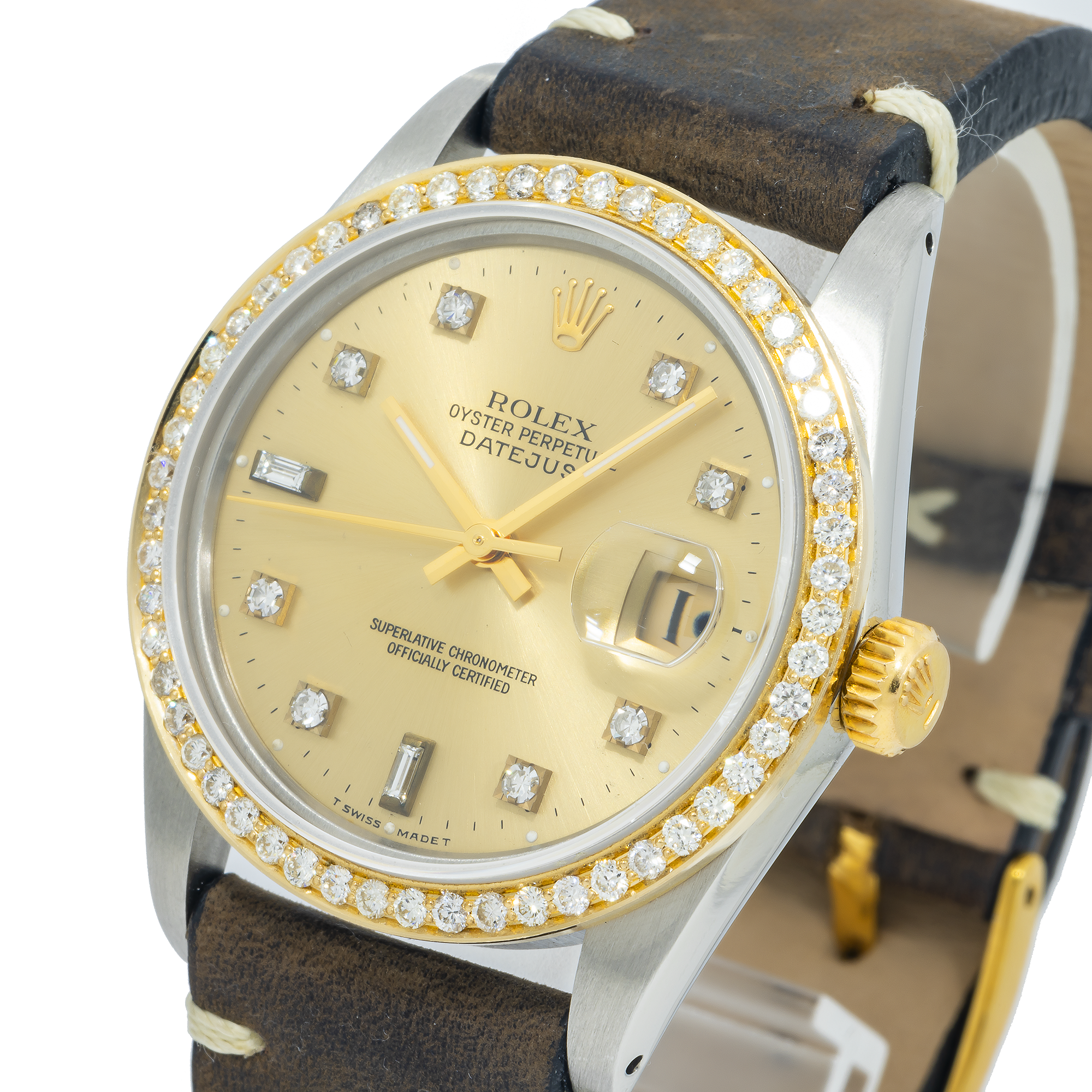 Rolex Datejust 16013 36MM Champagne Baguette Diamond Dial & Bezel With Brown Leather Bracelet
