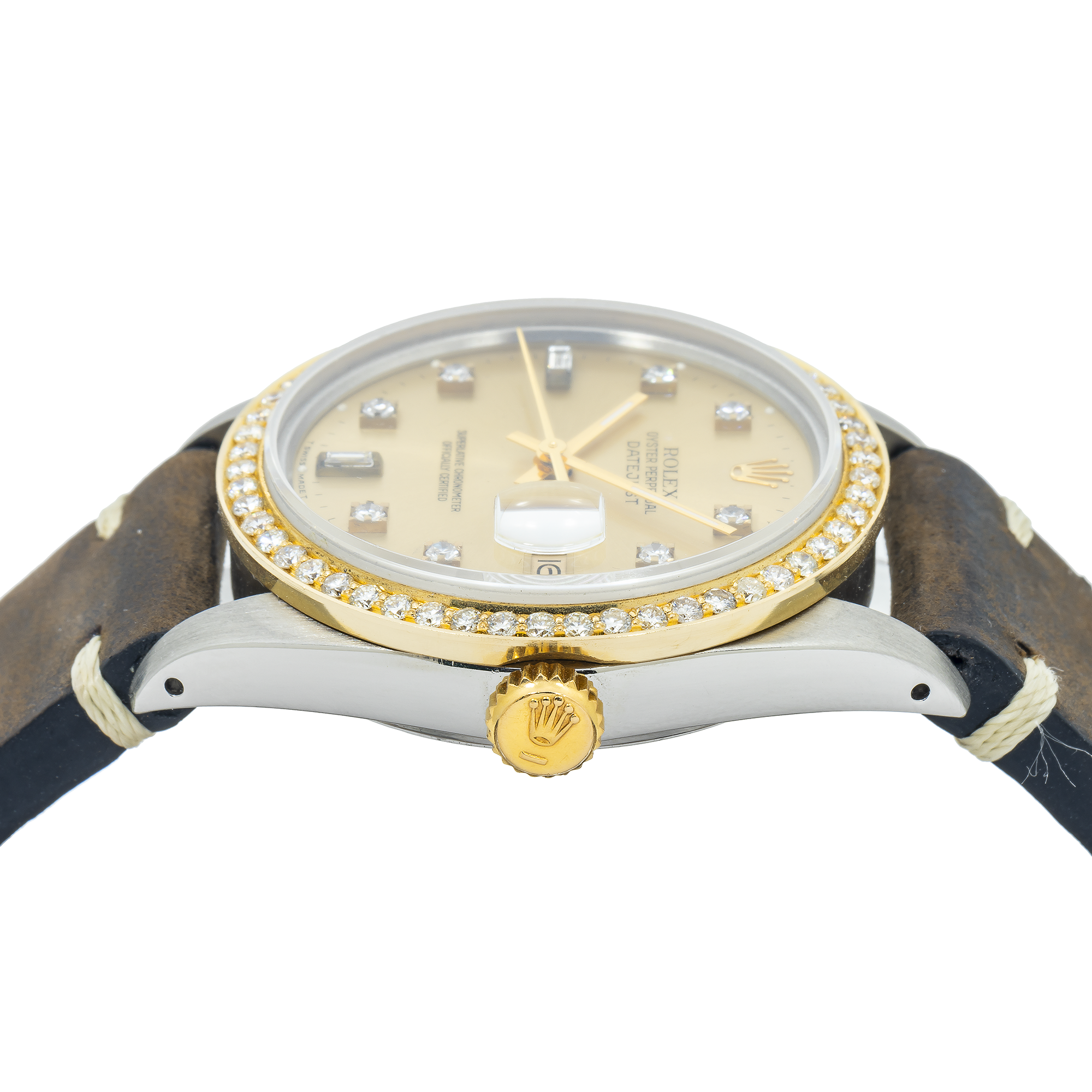 Rolex Datejust 16013 36MM Champagne Baguette Diamond Dial & Bezel With Brown Leather Bracelet