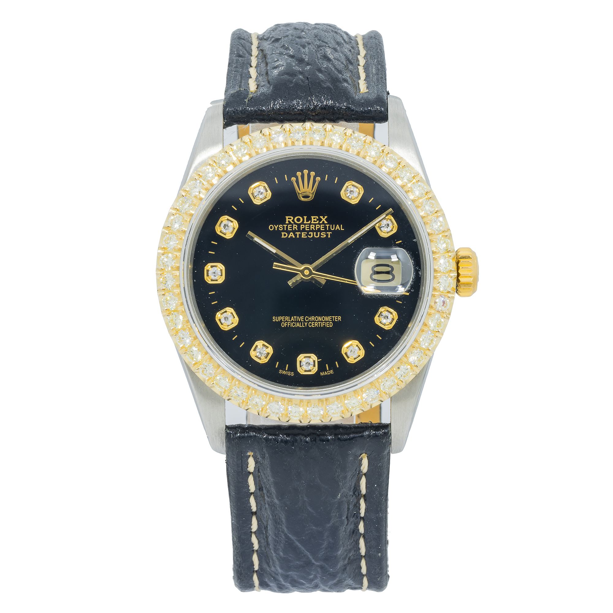 Rolex Datejust 16013 36MM Black Diamond Dial & Bezel With Black Leather Bracelet