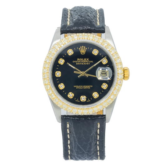 Rolex Datejust 16013 36MM Black Diamond Dial & Bezel With Black Leather Bracelet