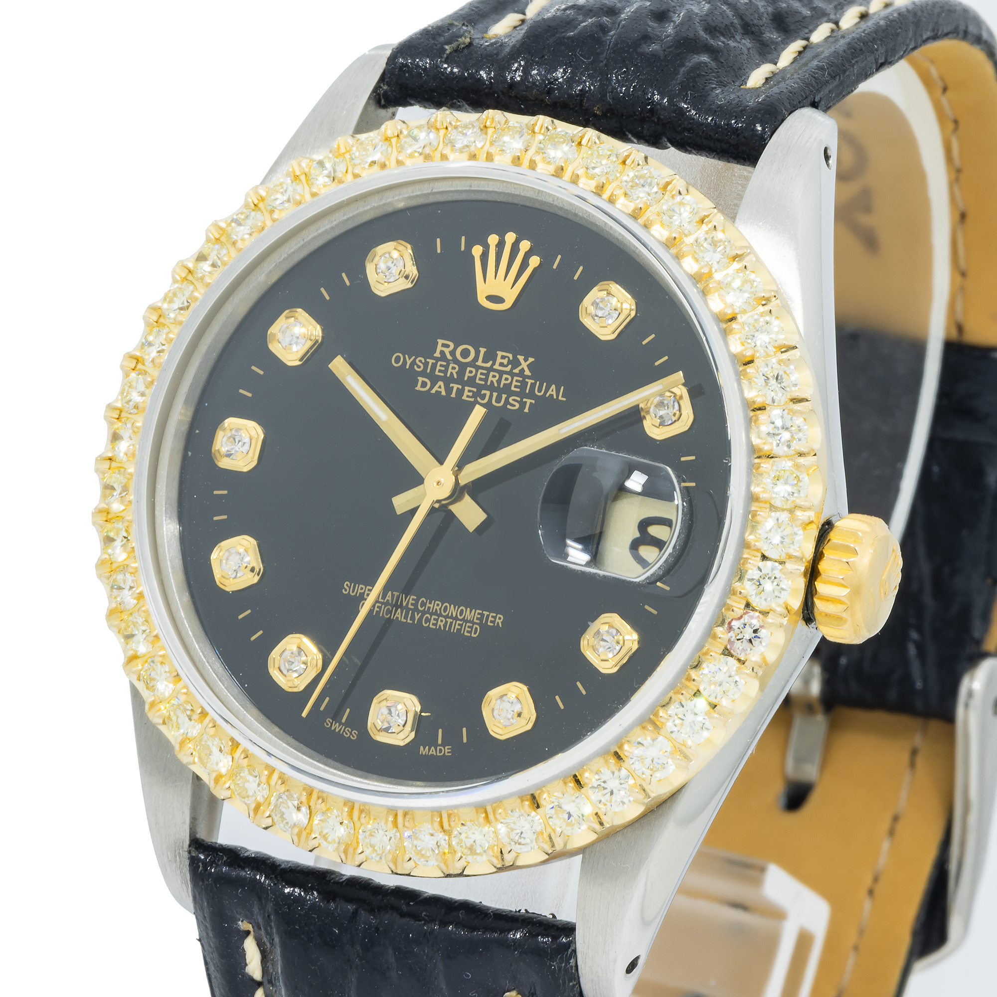 Rolex Datejust 16013 36MM Black Diamond Dial & Bezel With Black Leather Bracelet