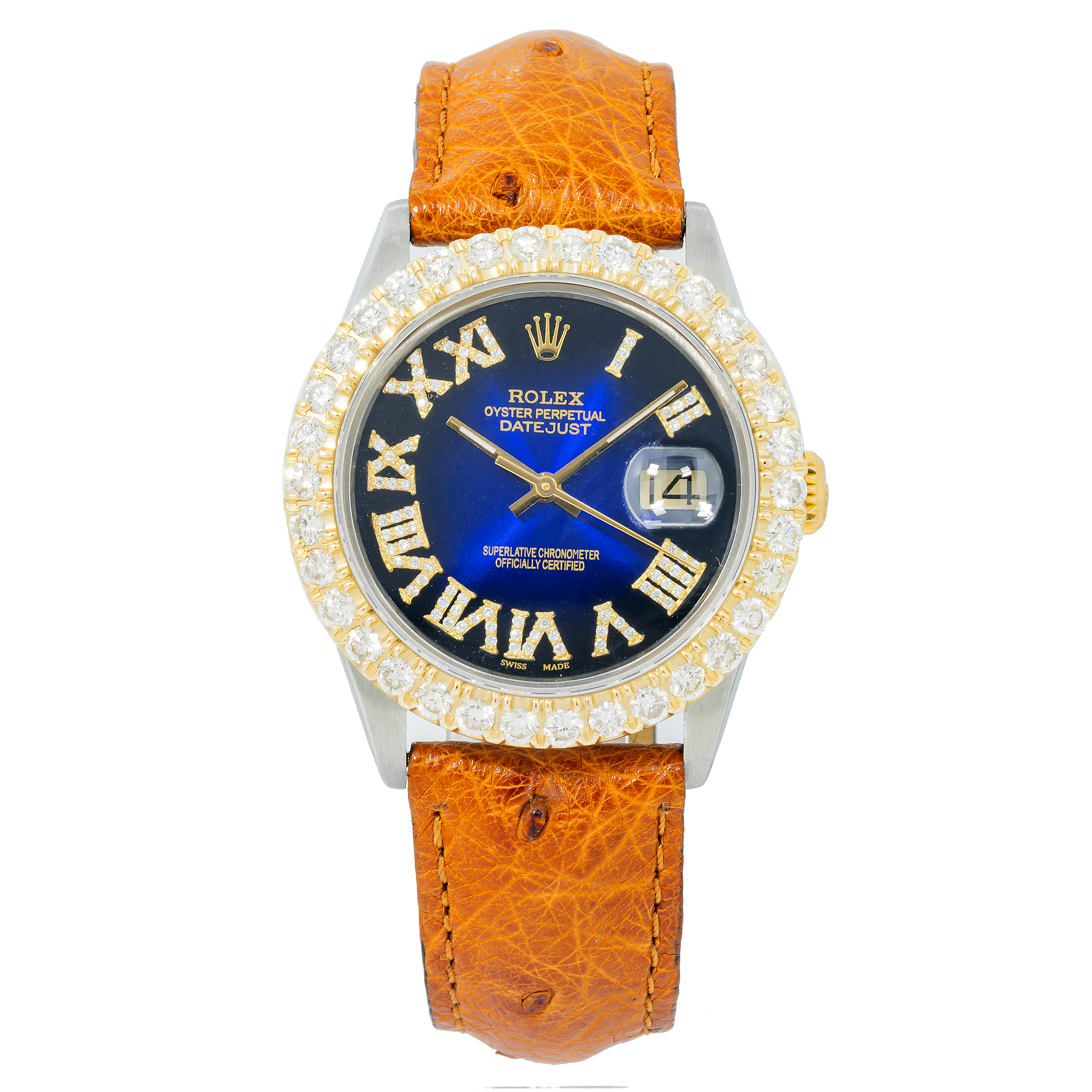 Rolex Datejust 16013 36MM Blue Diamond Roman Numeral Dial & Bezel With Brown Leather Bracelet