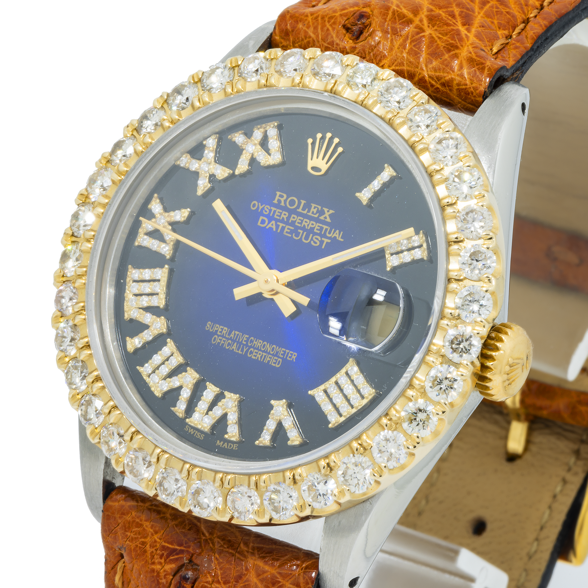 Rolex Datejust 16013 36MM Blue Diamond Roman Numeral Dial & Bezel With Brown Leather Bracelet