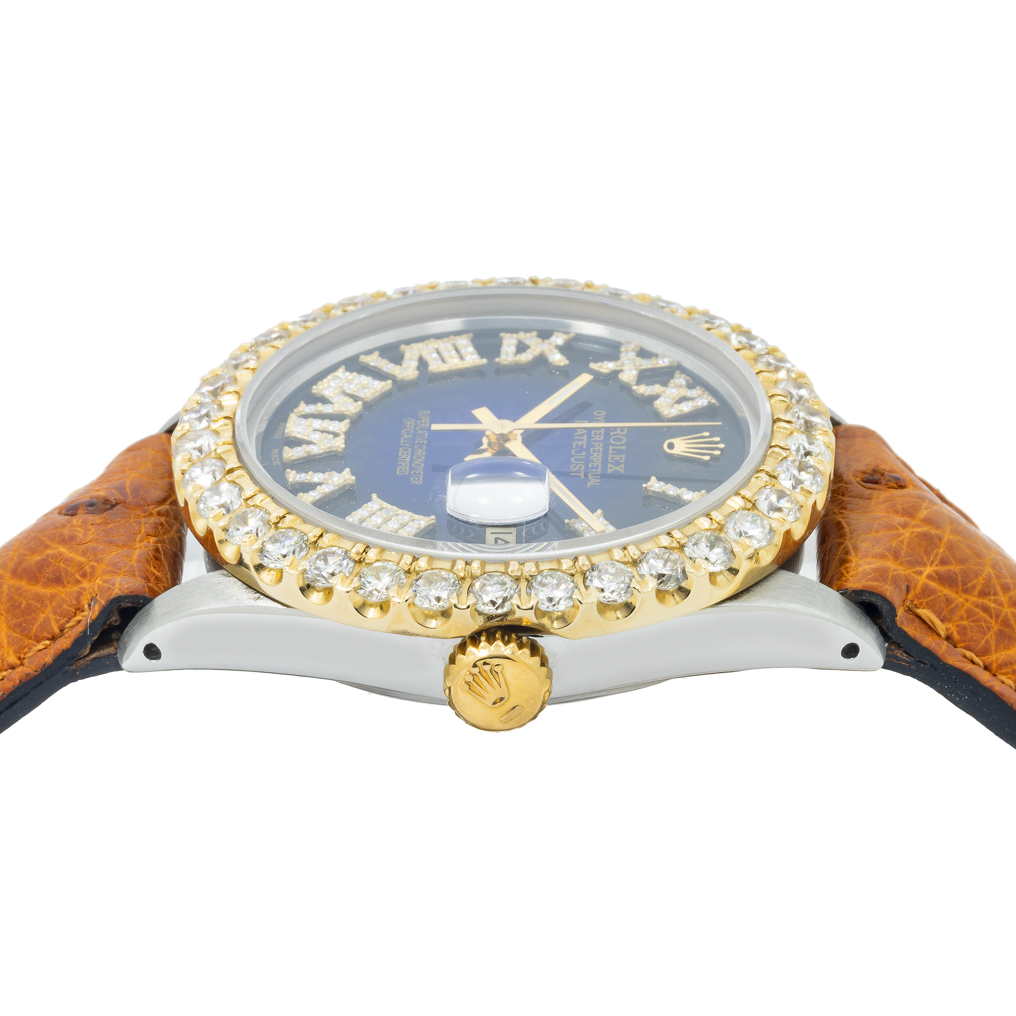 Rolex Datejust 16013 36MM Blue Diamond Roman Numeral Dial & Bezel With Brown Leather Bracelet