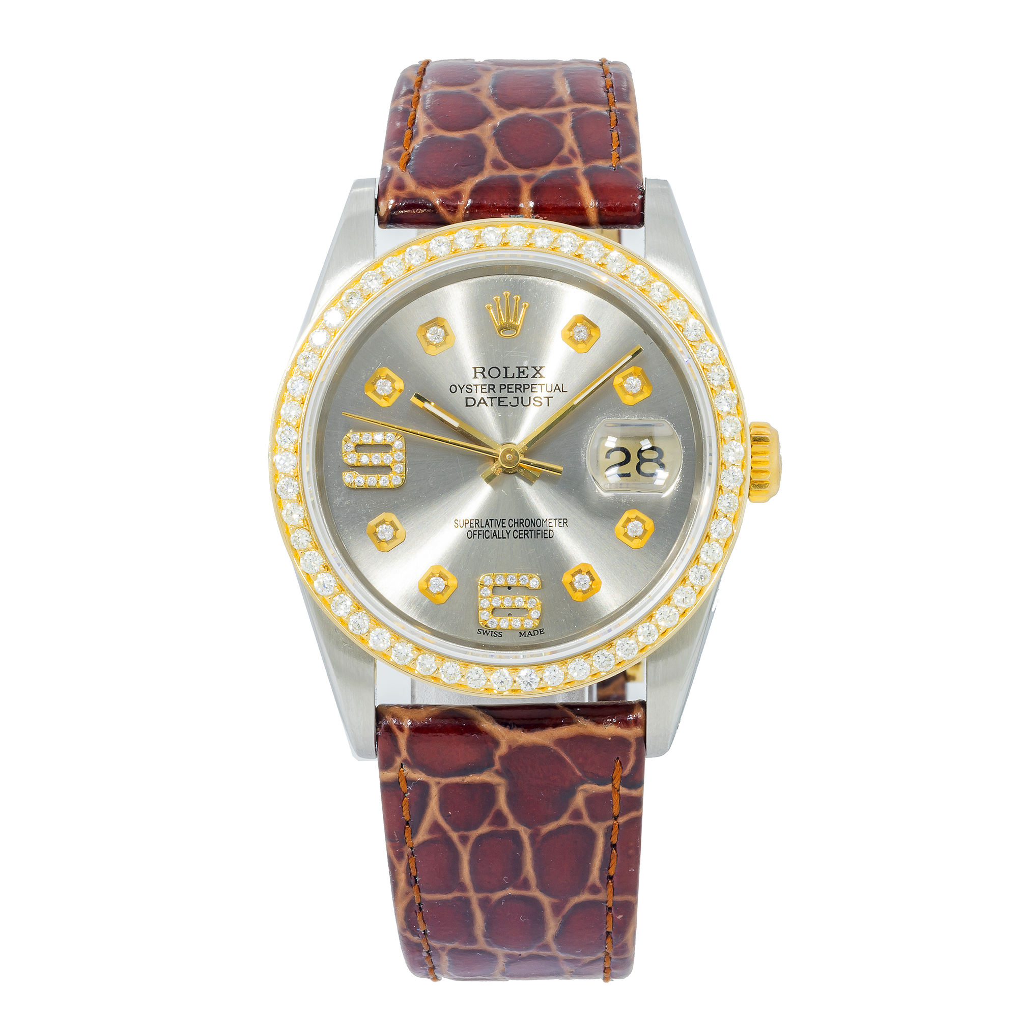 Rolex Datejust 16263 36MM Silver Diamond Dial With Brown Alligator Bracelet