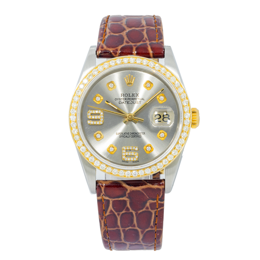 Rolex Datejust 16263 36MM Silver Diamond Dial With Brown Alligator Bracelet