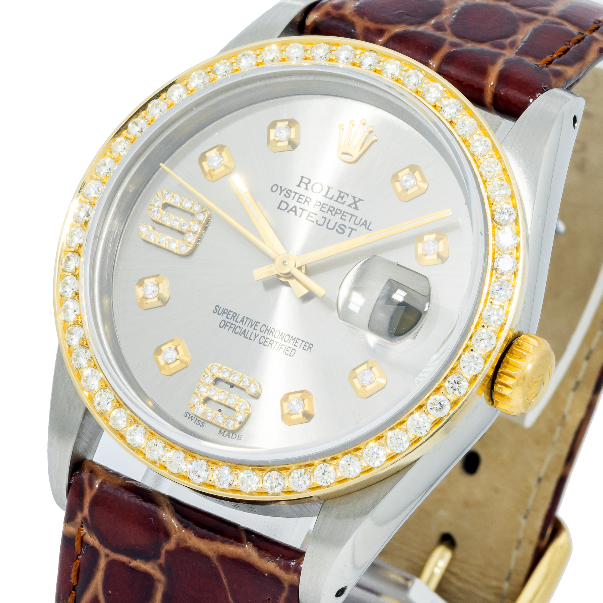 Rolex Datejust 16263 36MM Silver Diamond Dial With Brown Alligator Bracelet