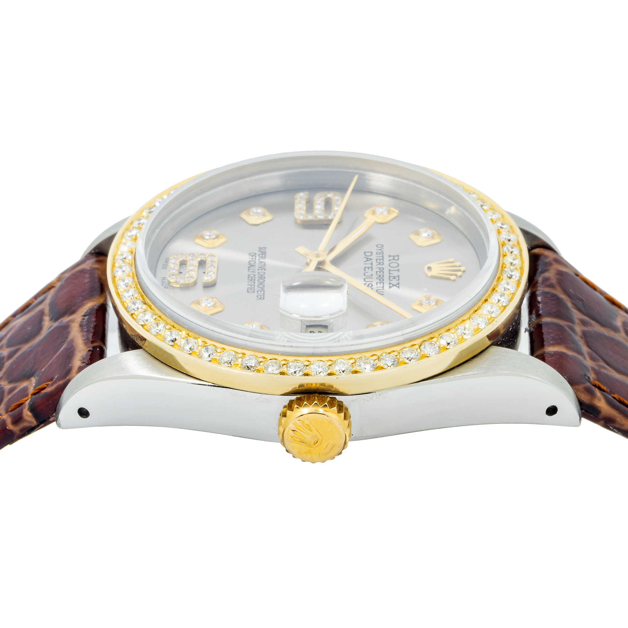 Rolex Datejust 16263 36MM Silver Diamond Dial With Brown Alligator Bracelet