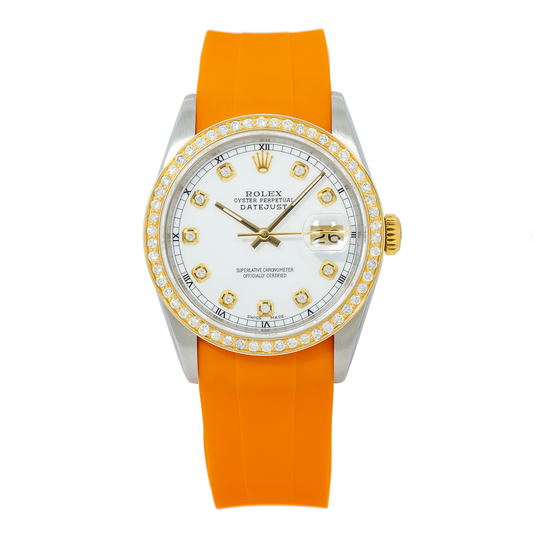 Rolex Datejust 16233 36MM White Diamond Dial & Bezel With Orange Oysterflex Bracelet
