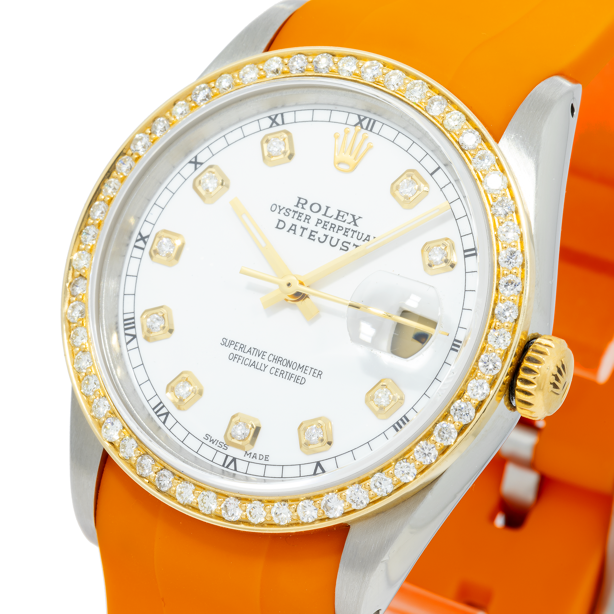 Rolex Datejust 16233 36MM White Diamond Dial & Bezel With Orange Oysterflex Bracelet