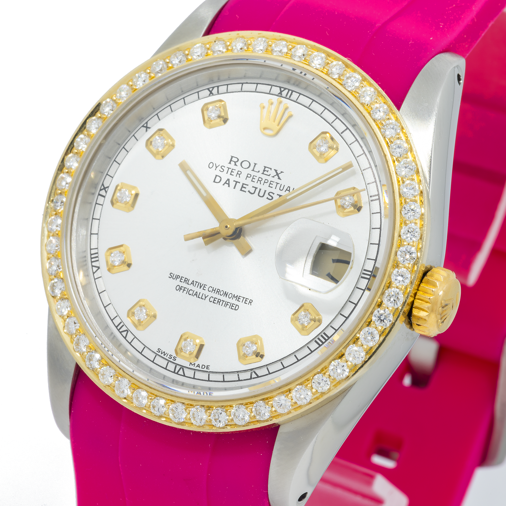 Rolex Datejust 16233 36MM White Diamond Dial & Bezel With Magenta Oysterflex Bracelet