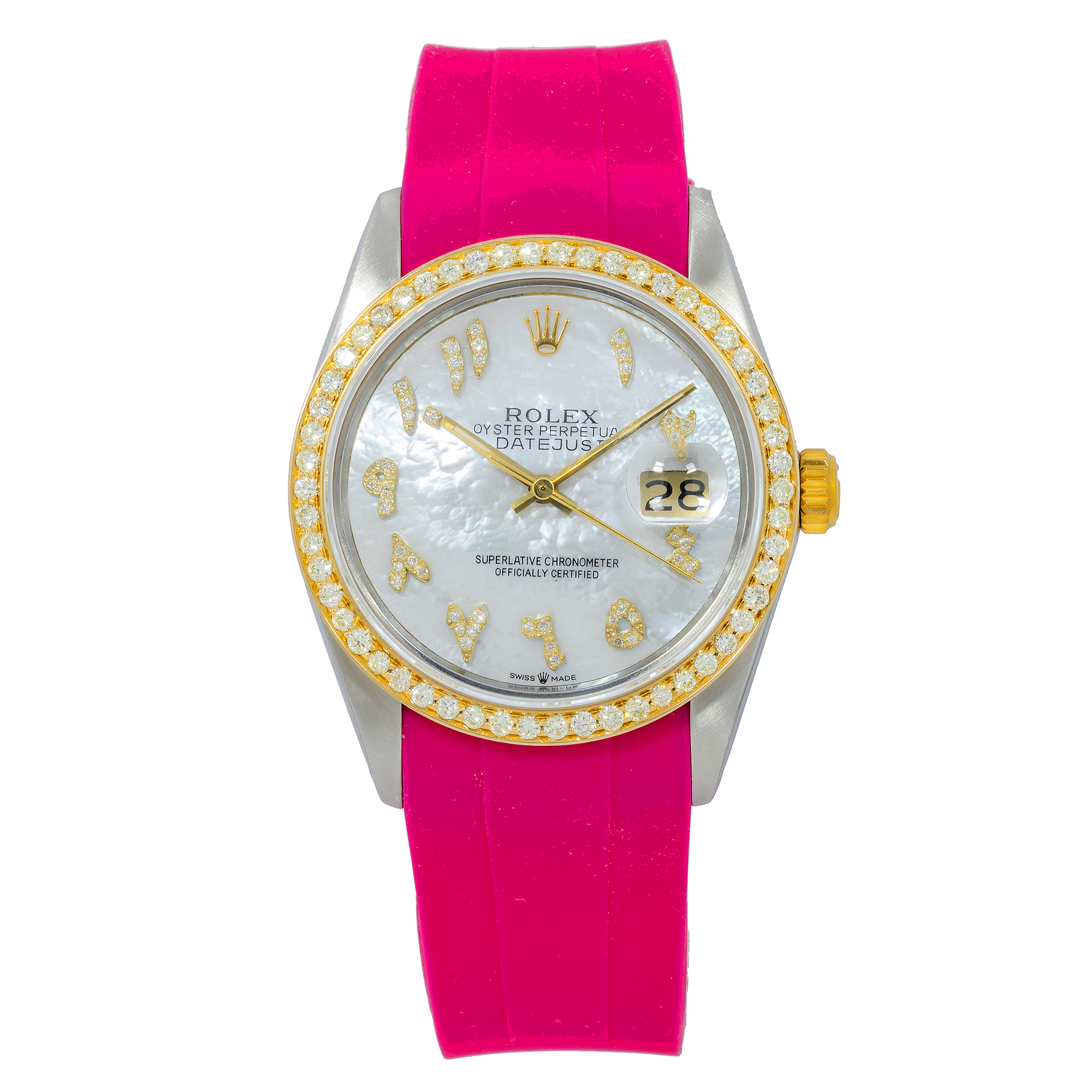 Rolex Datejust 16013 36MM White Diamond Dial & Bezel With Magenta Oysterflex Bracelet