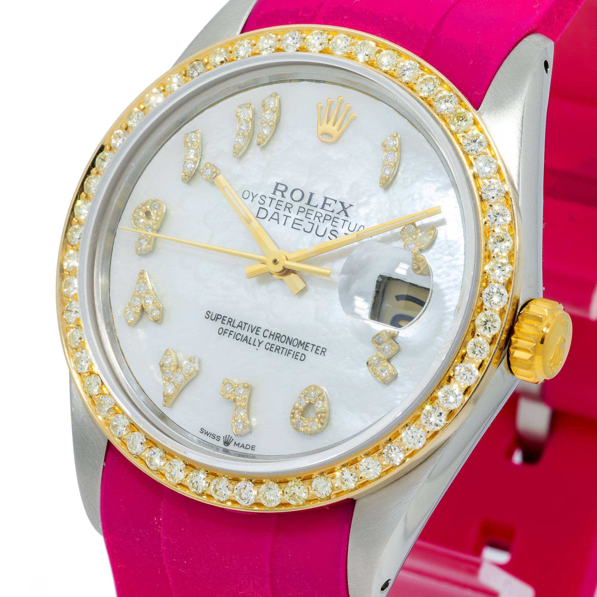 Rolex Datejust 16013 36MM White Diamond Dial & Bezel With Magenta Oysterflex Bracelet