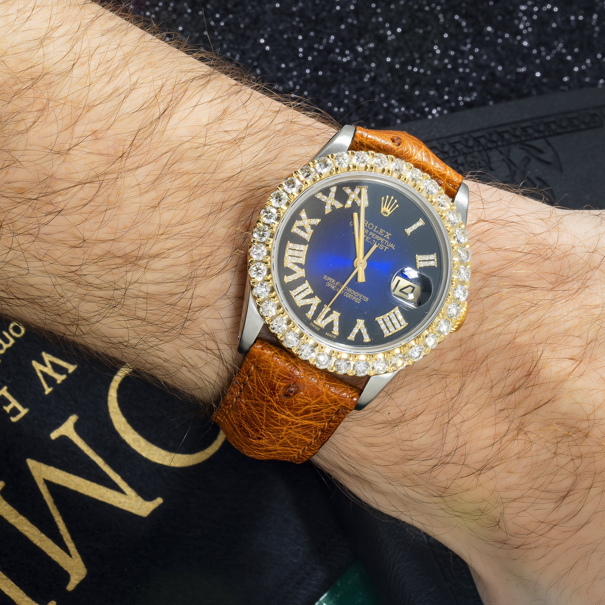 Rolex Datejust 16013 36MM Blue Diamond Roman Numeral Dial & Bezel With Brown Leather Bracelet