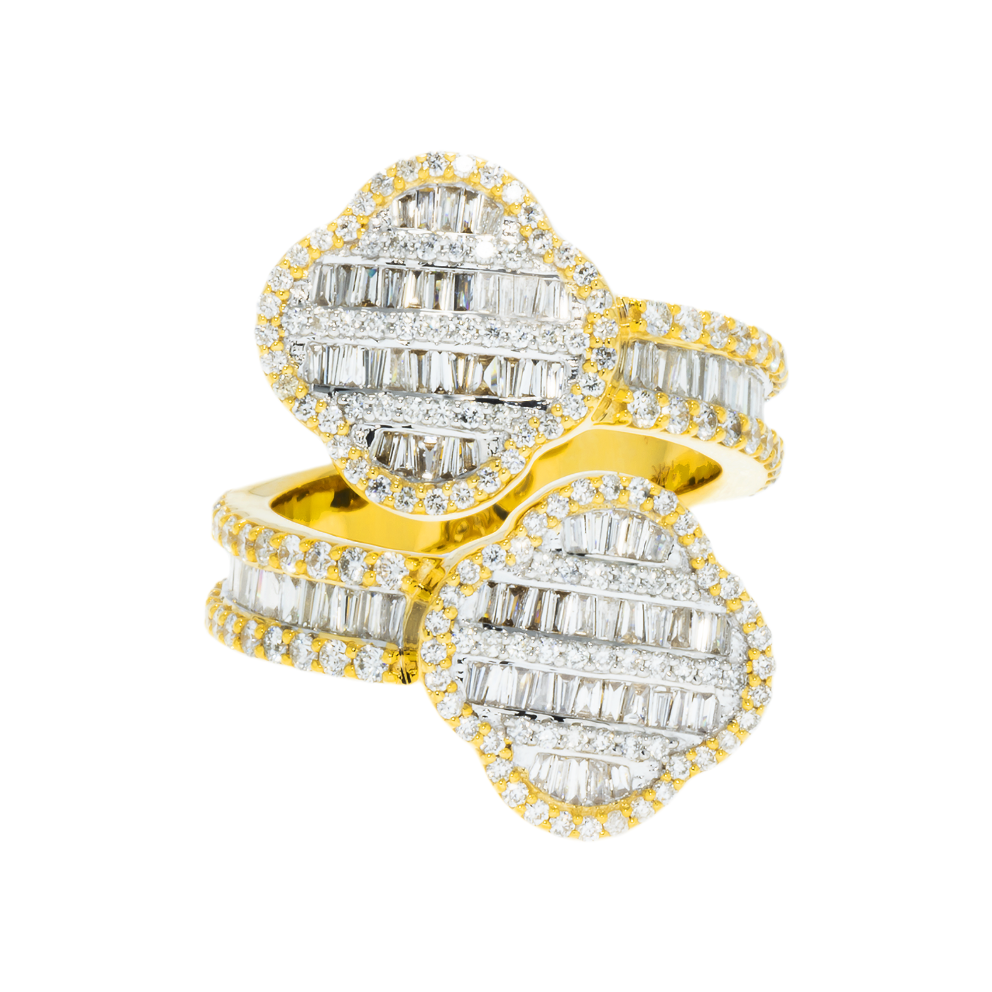 14K GOLD BAGUETTE AND ROUND DIAMOND DOUBLE CLOVER BYPASS RING 1.79 CT