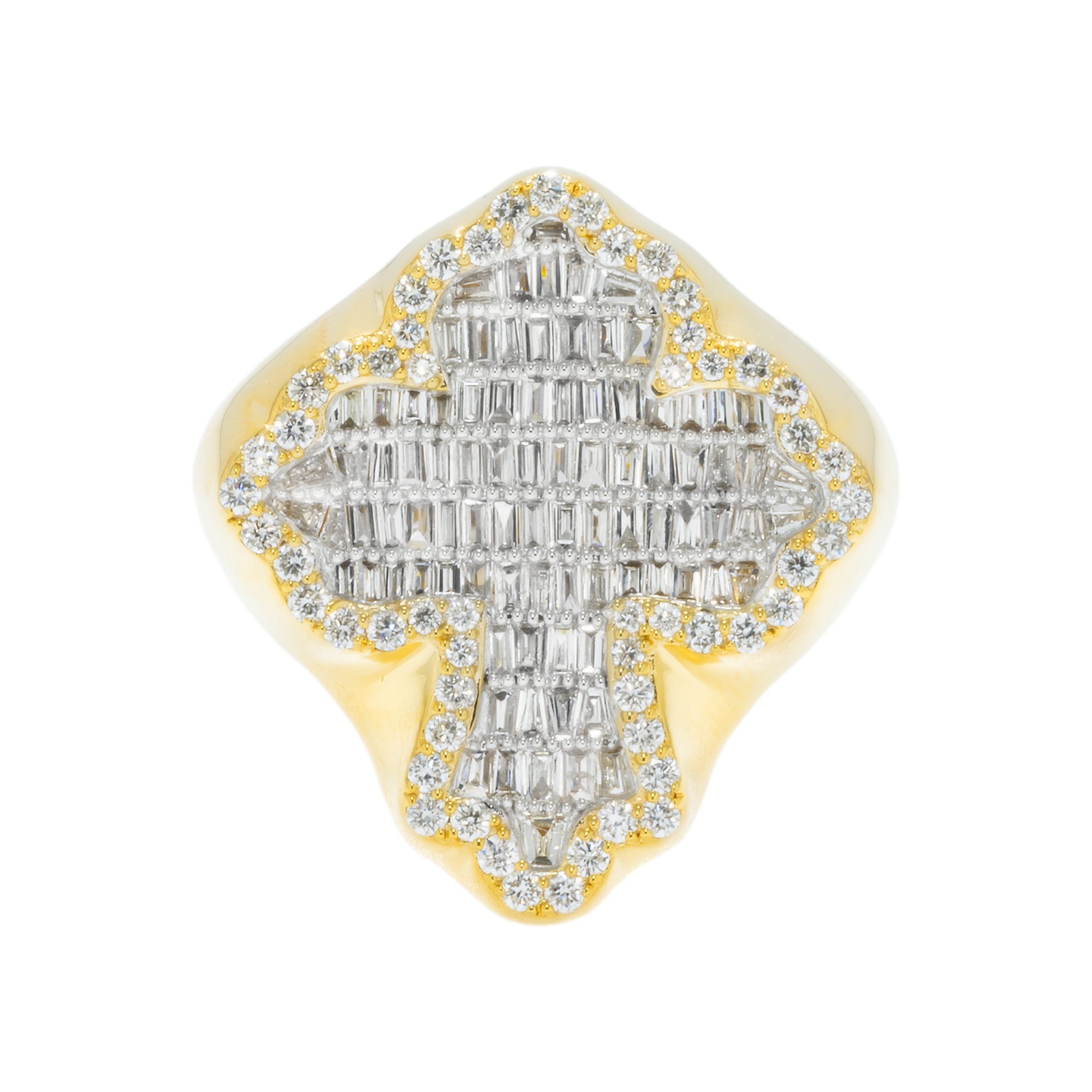 14K GOLD BAGUETTE DIAMOND FLEUR DE LIS CROSS RING 1.24 CT