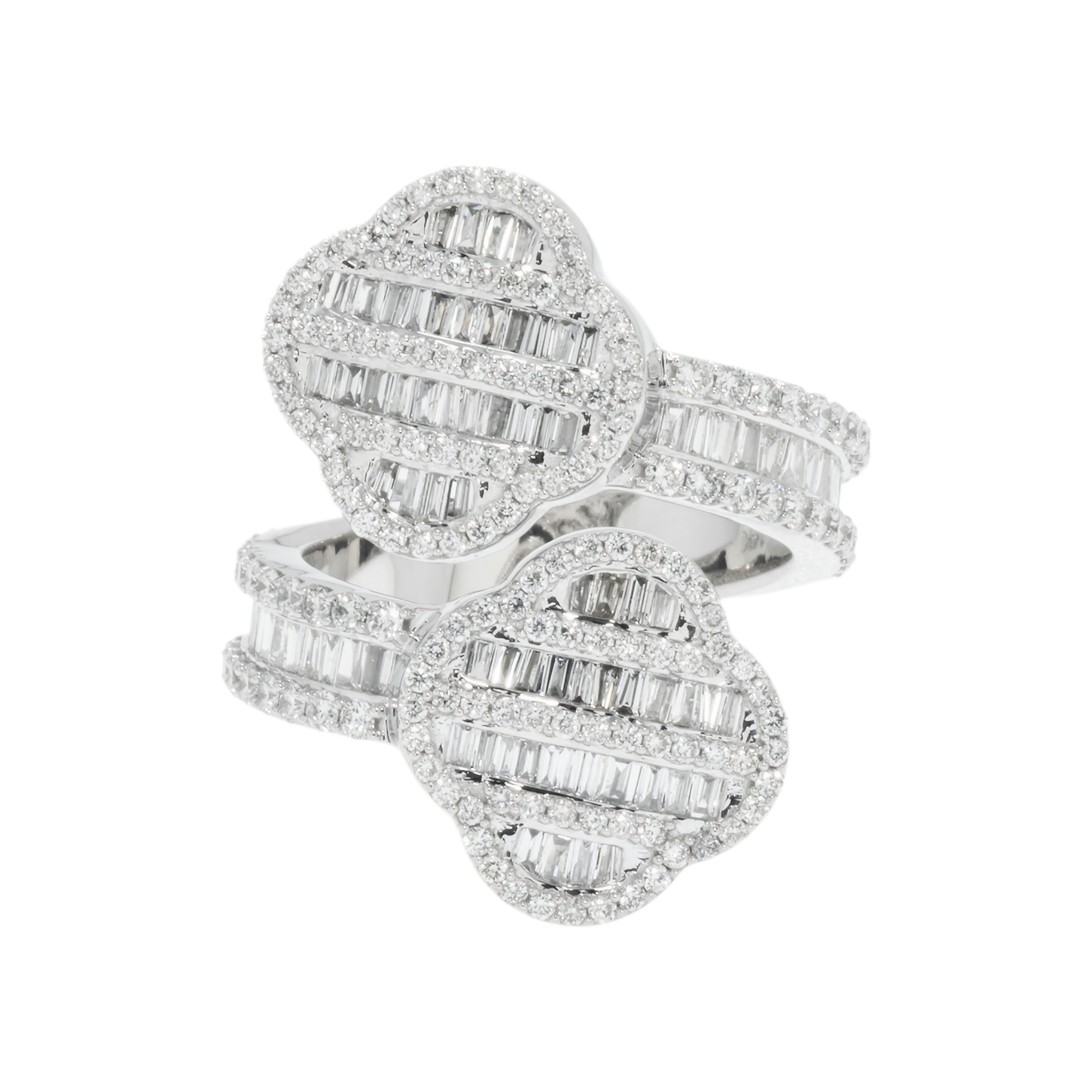 14K GOLD BAGUETTE AND ROUND DIAMOND DOUBLE CLOVER BYPASS RING 1.79 CT