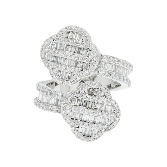 14K GOLD BAGUETTE AND ROUND DIAMOND DOUBLE CLOVER BYPASS RING 1.79 CT