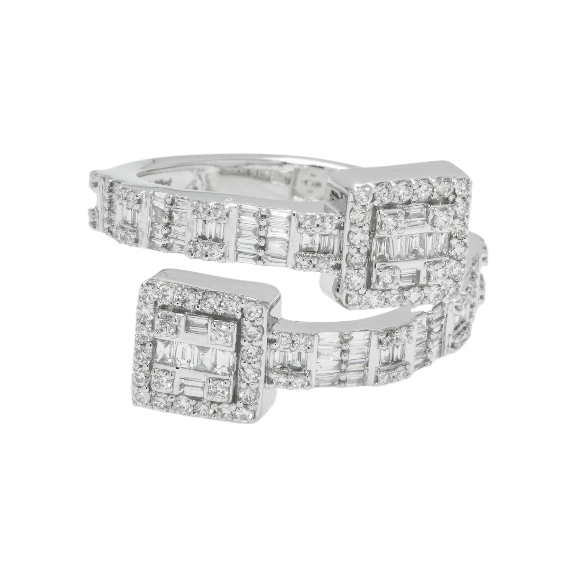 14K GOLD BAGUETTE AND ROUND DIAMOND SQUARE BYPASS RING 0.88 CT