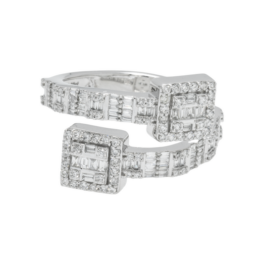 14K GOLD BAGUETTE AND ROUND DIAMOND SQUARE BYPASS RING 0.88 CT