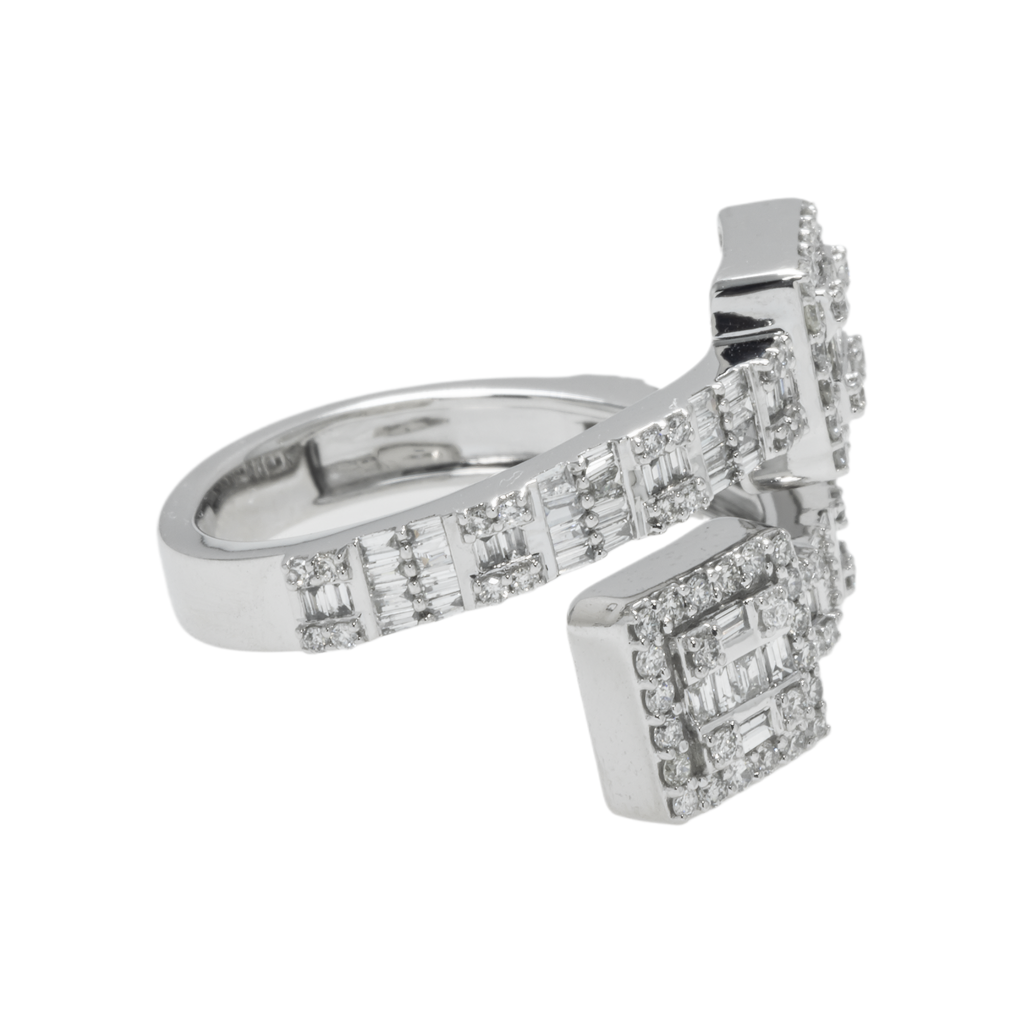 14K GOLD BAGUETTE AND ROUND DIAMOND SQUARE BYPASS RING 0.88 CT