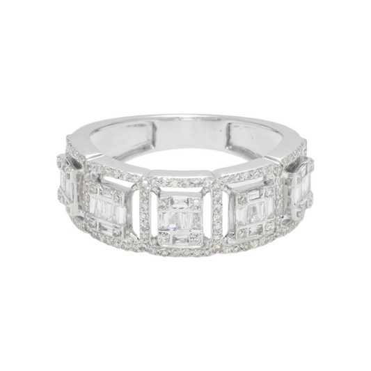 14K GOLD BAGUETTE AND ROUND DIAMOND SQUARE STATEMENT RING 0.98 CT