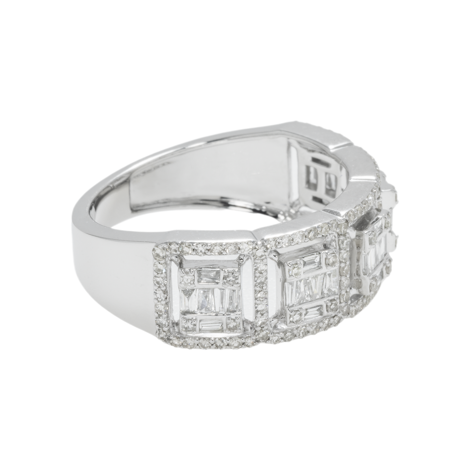 14K GOLD BAGUETTE AND ROUND DIAMOND SQUARE STATEMENT RING 0.98 CT