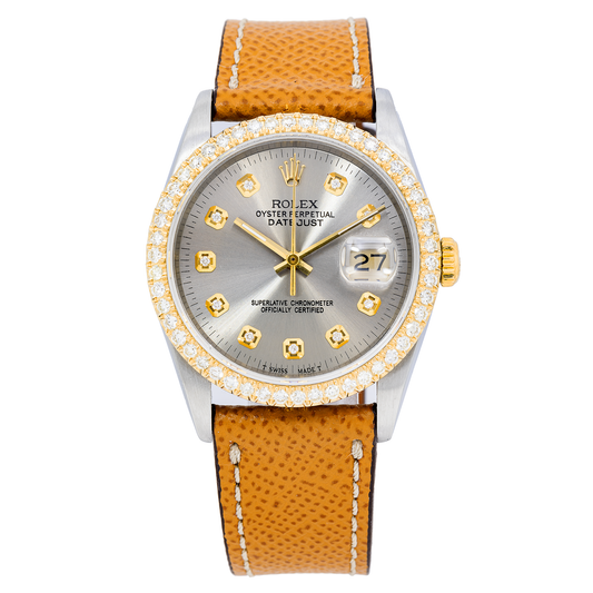 Rolex Datejust 16233 36MM Silver Diamond Dial With Leather Bracelet
