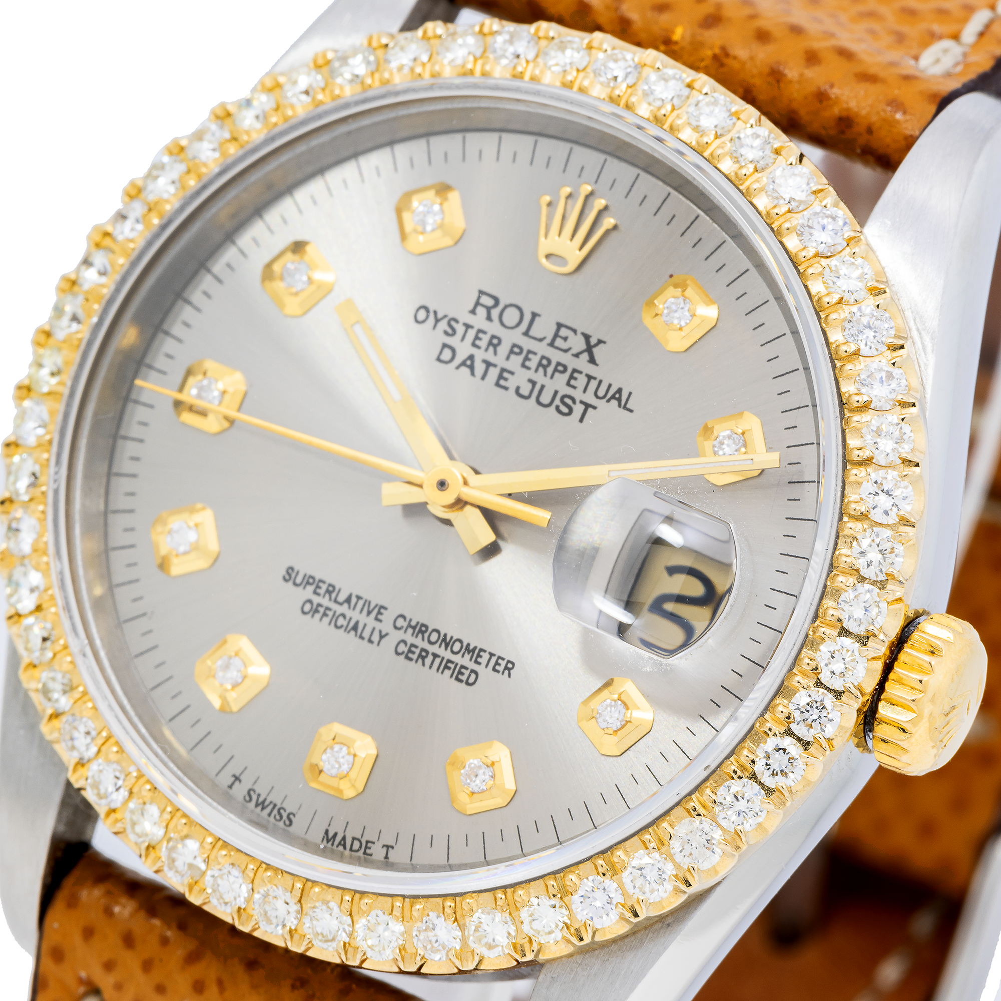 Rolex Datejust 16233 36MM Silver Diamond Dial With Leather Bracelet