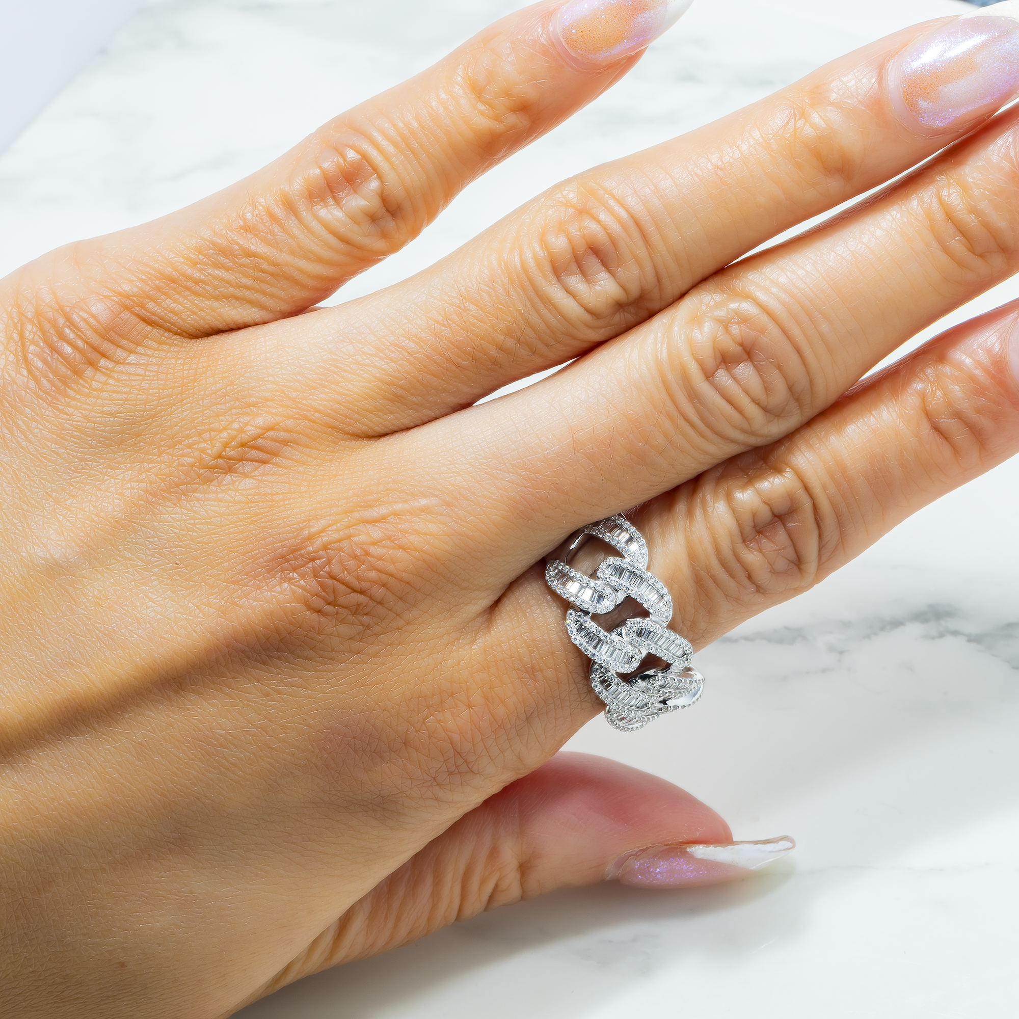 14K GOLD BAGUETTE AND ROUND DIAMOND OPEN CUBAN LINK RING 1.06 CT