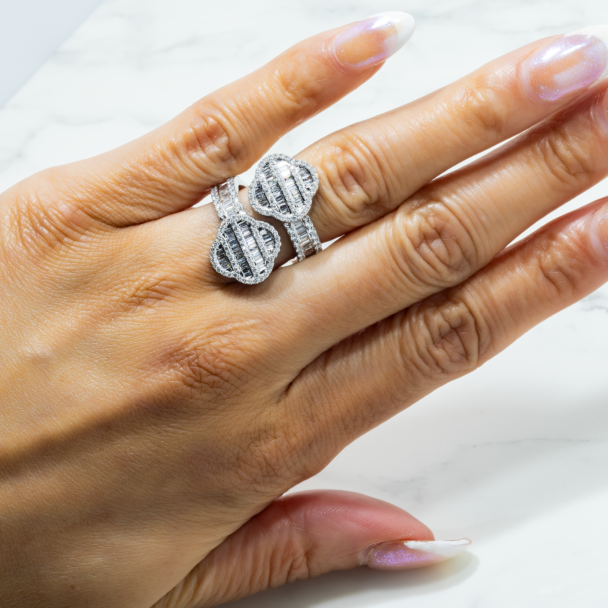 14K GOLD BAGUETTE AND ROUND DIAMOND DOUBLE CLOVER BYPASS RING 1.79 CT