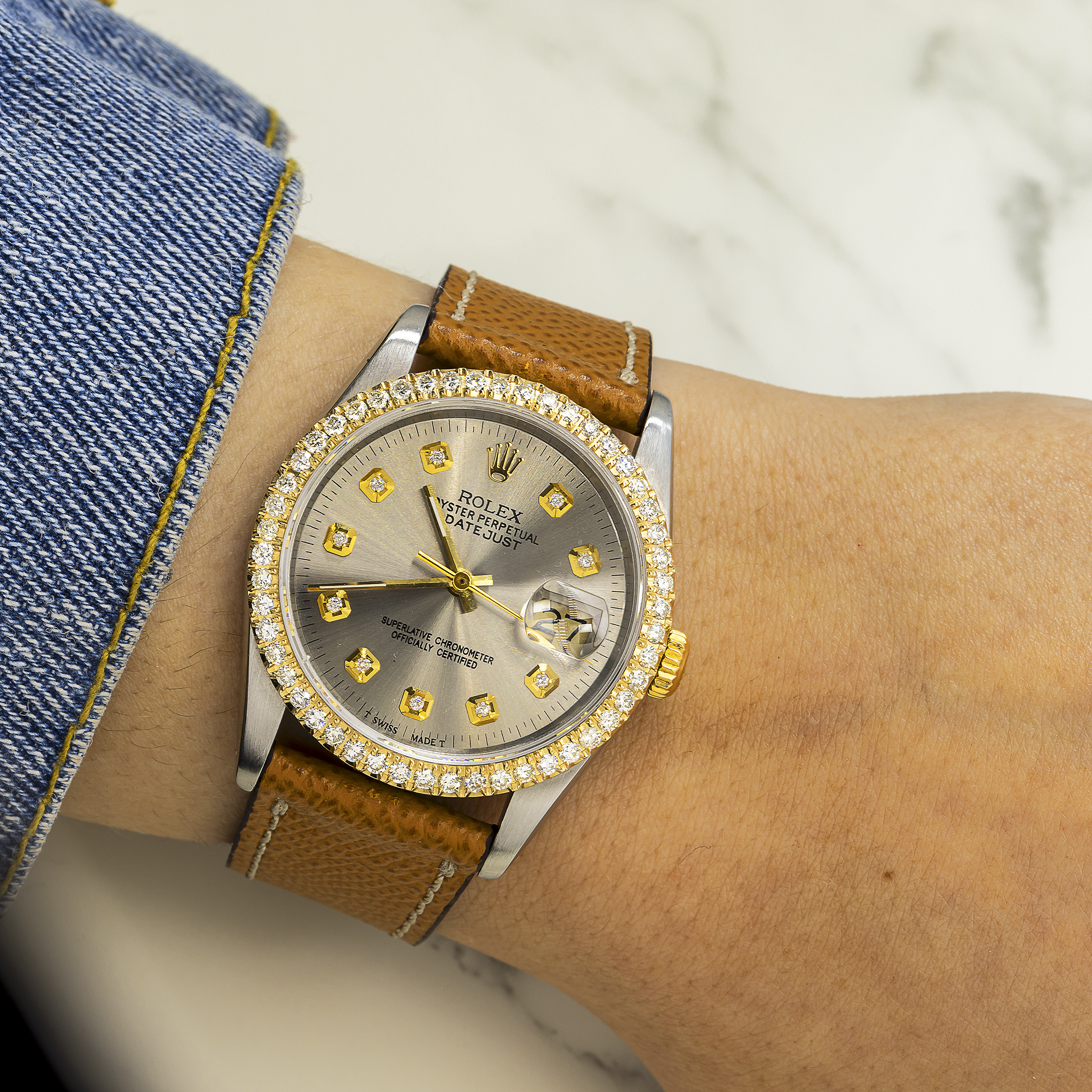 Rolex Datejust 16233 36MM Silver Diamond Dial With Leather Bracelet