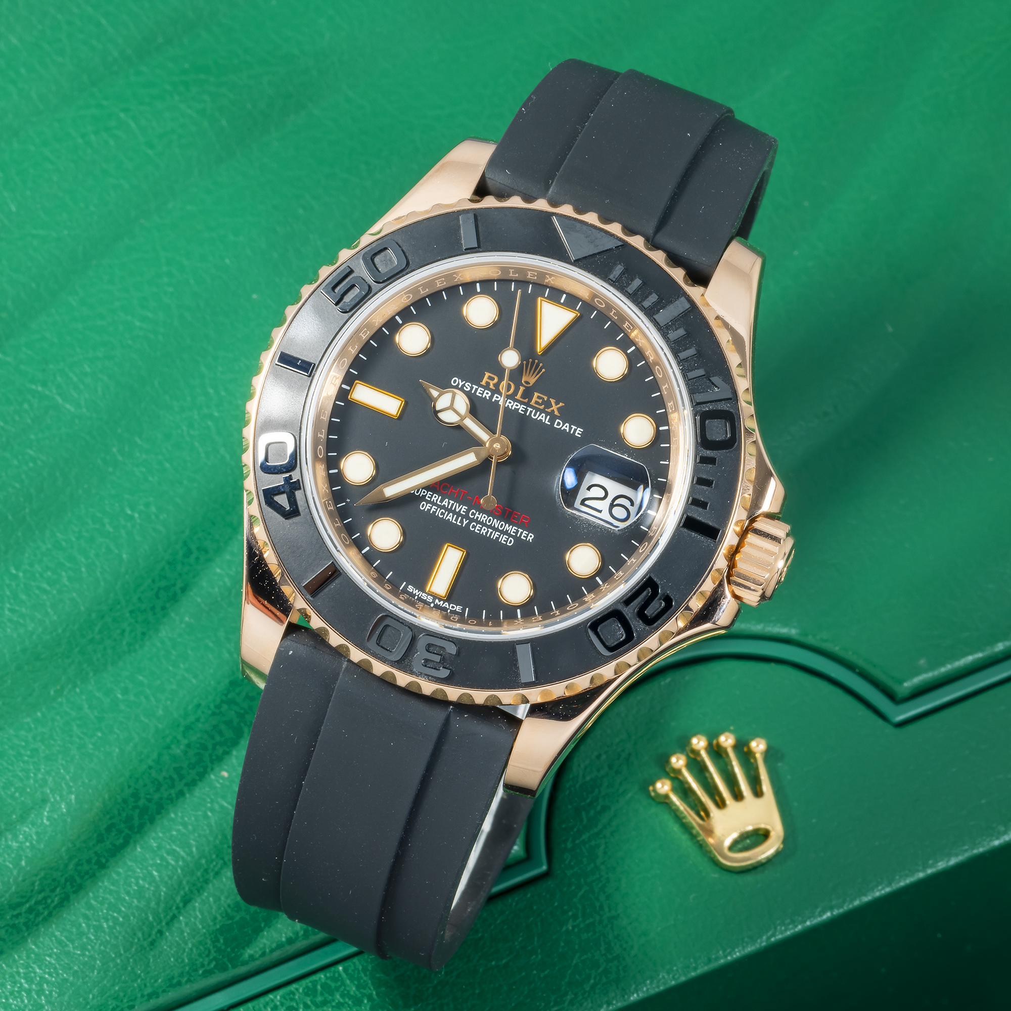 Rolex Yacht-Master Date 116655 40MM Black Dial With Rose Gold Bezel And Black Oysterflex Strap