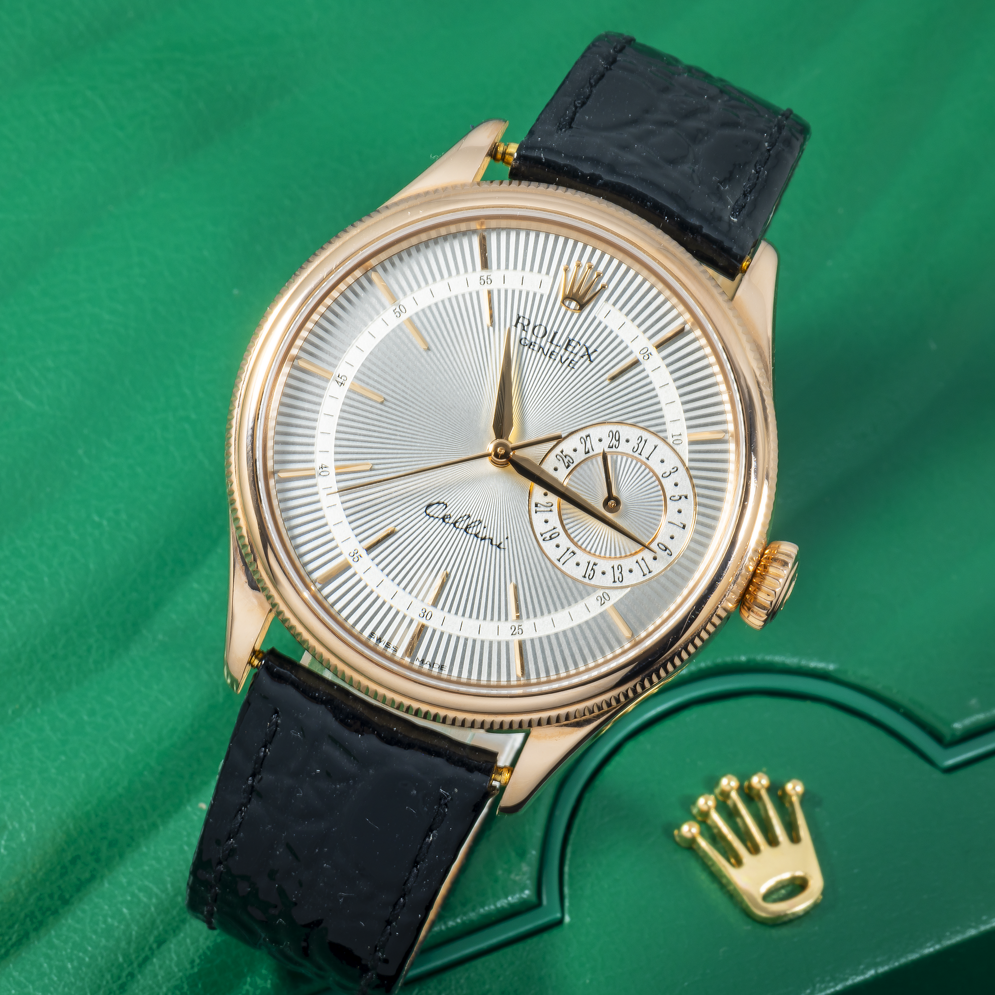 Rolex Geneve Cellini 50515 39MM Silver Dial With Black Alligator Bracelet