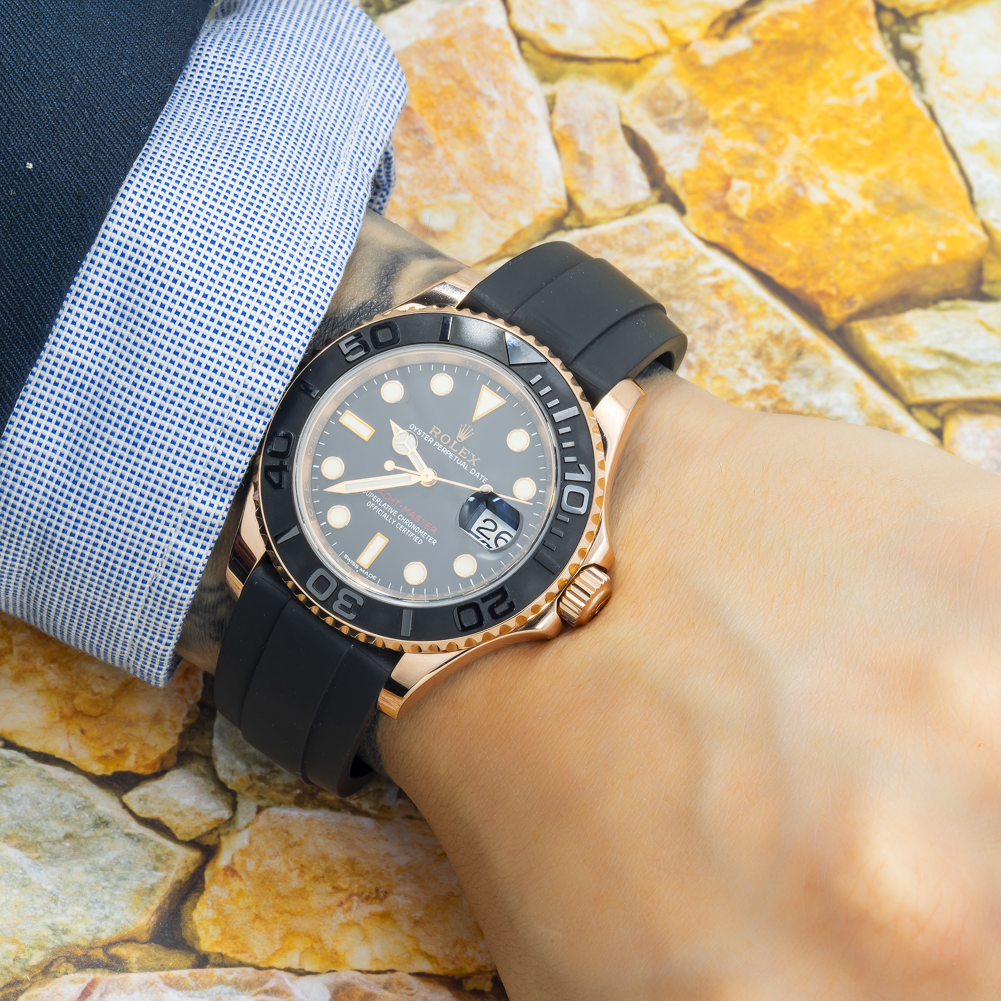 Rolex Yacht-Master Date 116655 40MM Black Dial With Rose Gold Bezel And Black Oysterflex Strap