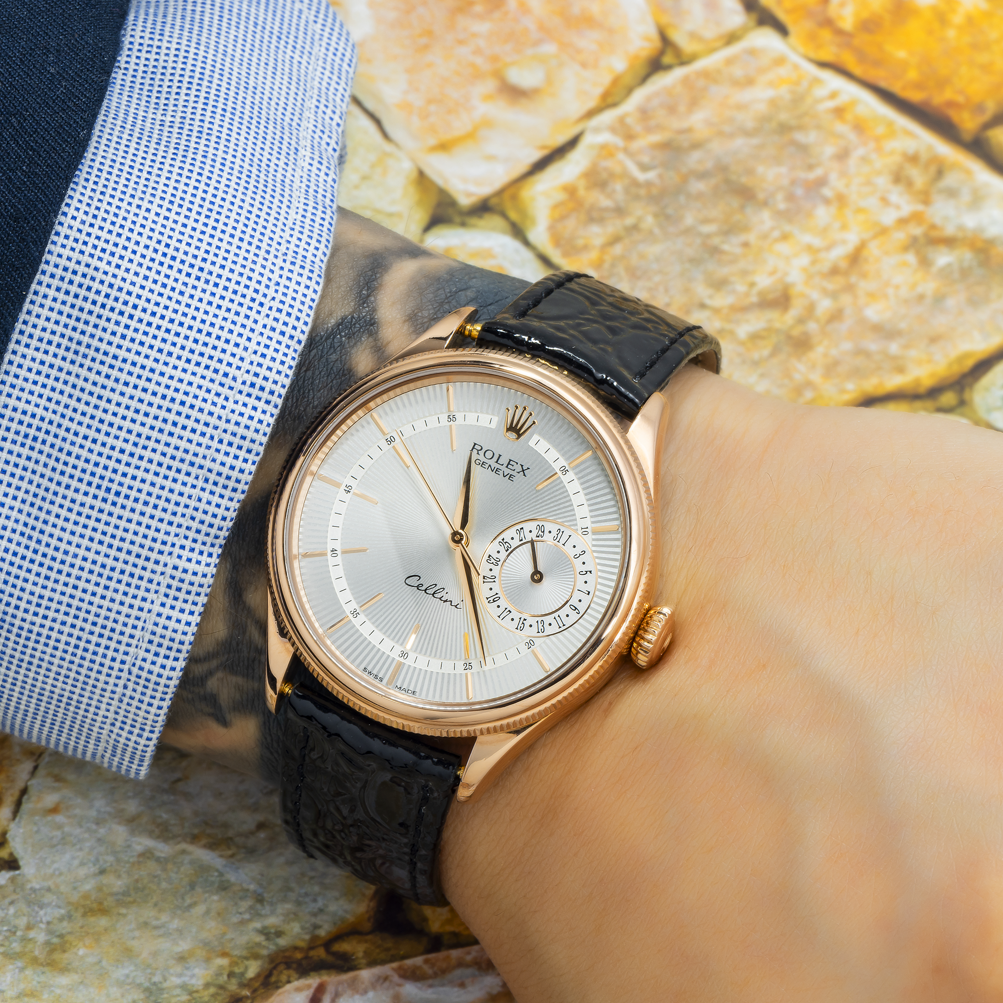 Rolex Geneve Cellini 50515 39MM Silver Dial With Black Alligator Bracelet