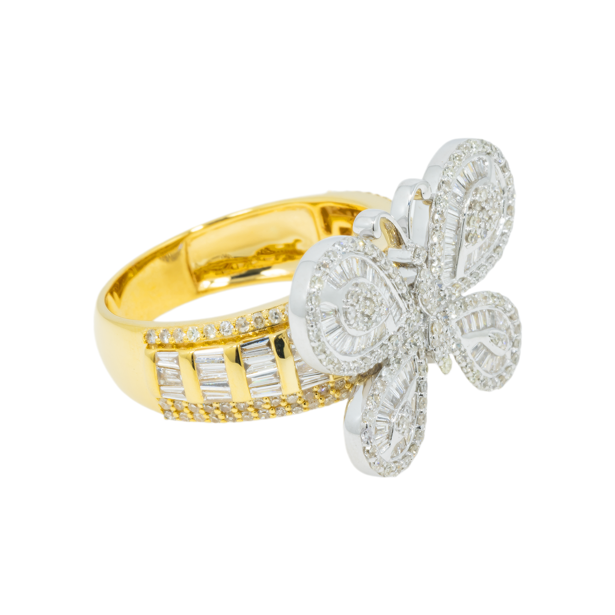 14K GOLD BAGUETTE AND ROUND DIAMOND BUTTERFLY RING 1.64 CT