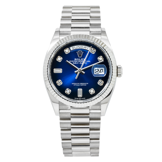 ROLEX DAY-DATE 36 PRESIDENT BLUE DIAMOND DIAL 128239 WITH WHITE GOLD PRESIDENT OYSTER BRACELET