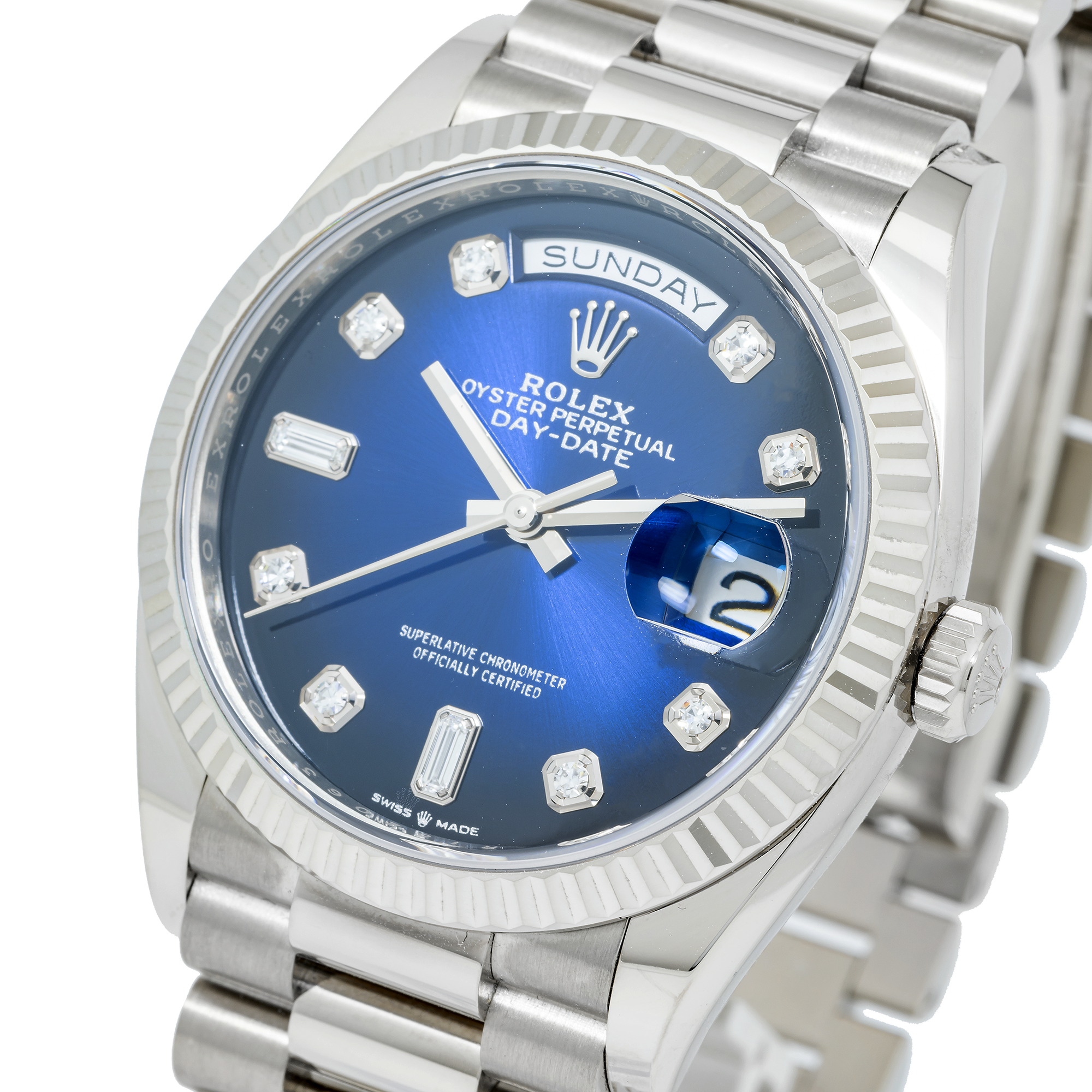 ROLEX DAY-DATE 36 PRESIDENT BLUE DIAMOND DIAL 128239 WITH WHITE GOLD PRESIDENT OYSTER BRACELET
