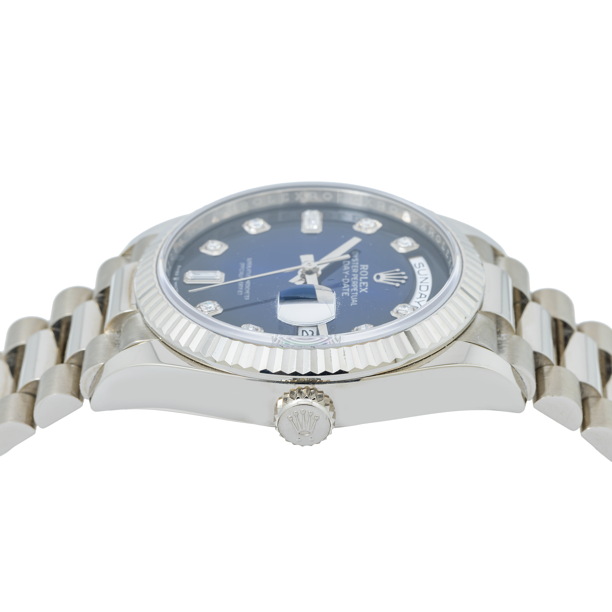 ROLEX DAY-DATE 36 PRESIDENT BLUE DIAMOND DIAL 128239 WITH WHITE GOLD PRESIDENT OYSTER BRACELET