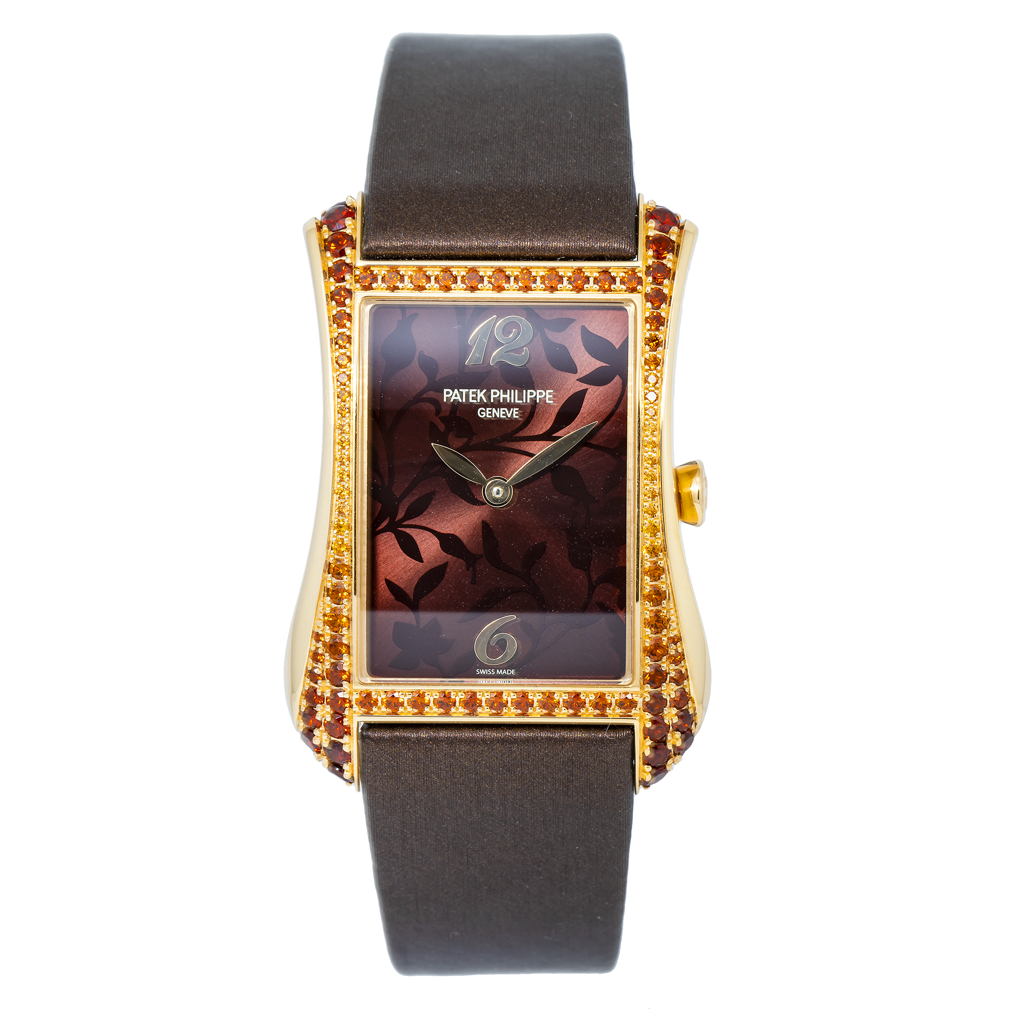 PATEK PHILIPPE GONDOLO SERATA LADIES YELLOW GOLD GEM SET BEZEL BROWN DIAL QUARTZ 4962/200R-001