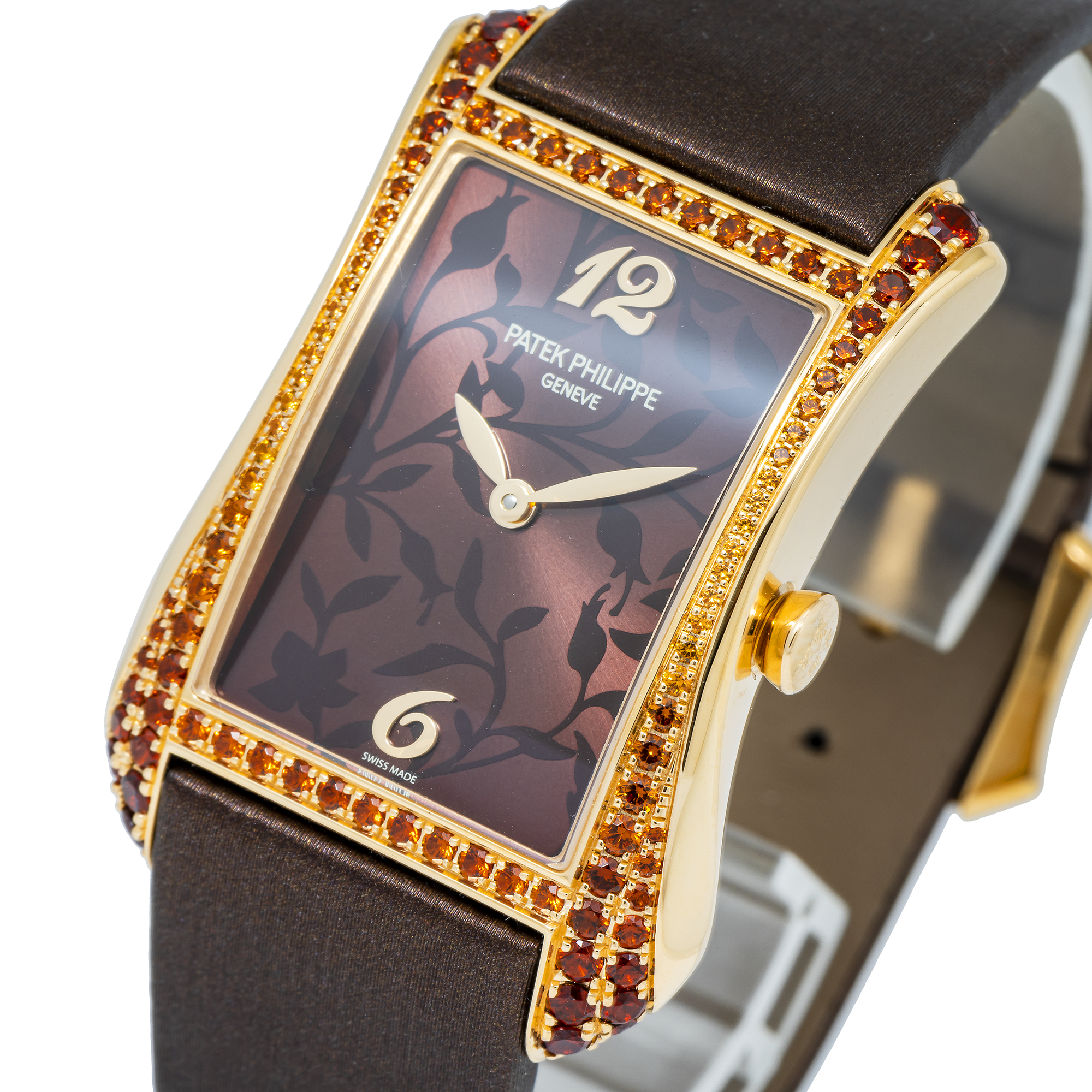 PATEK PHILIPPE GONDOLO SERATA LADIES YELLOW GOLD GEM SET BEZEL BROWN DIAL QUARTZ 4962/200R-001
