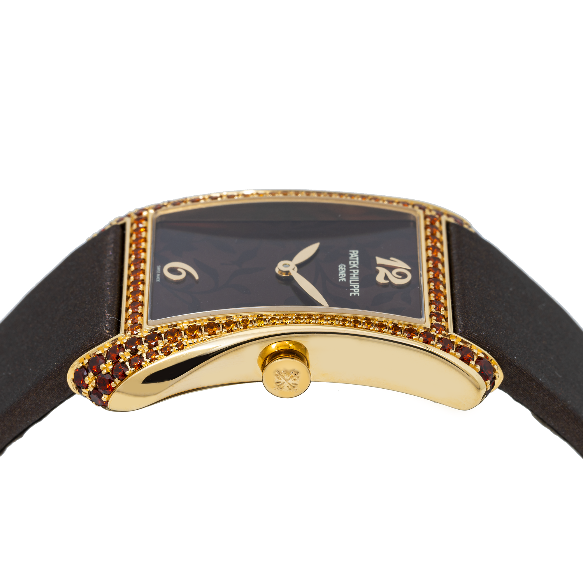 PATEK PHILIPPE GONDOLO SERATA LADIES YELLOW GOLD GEM SET BEZEL BROWN DIAL QUARTZ 4962/200R-001