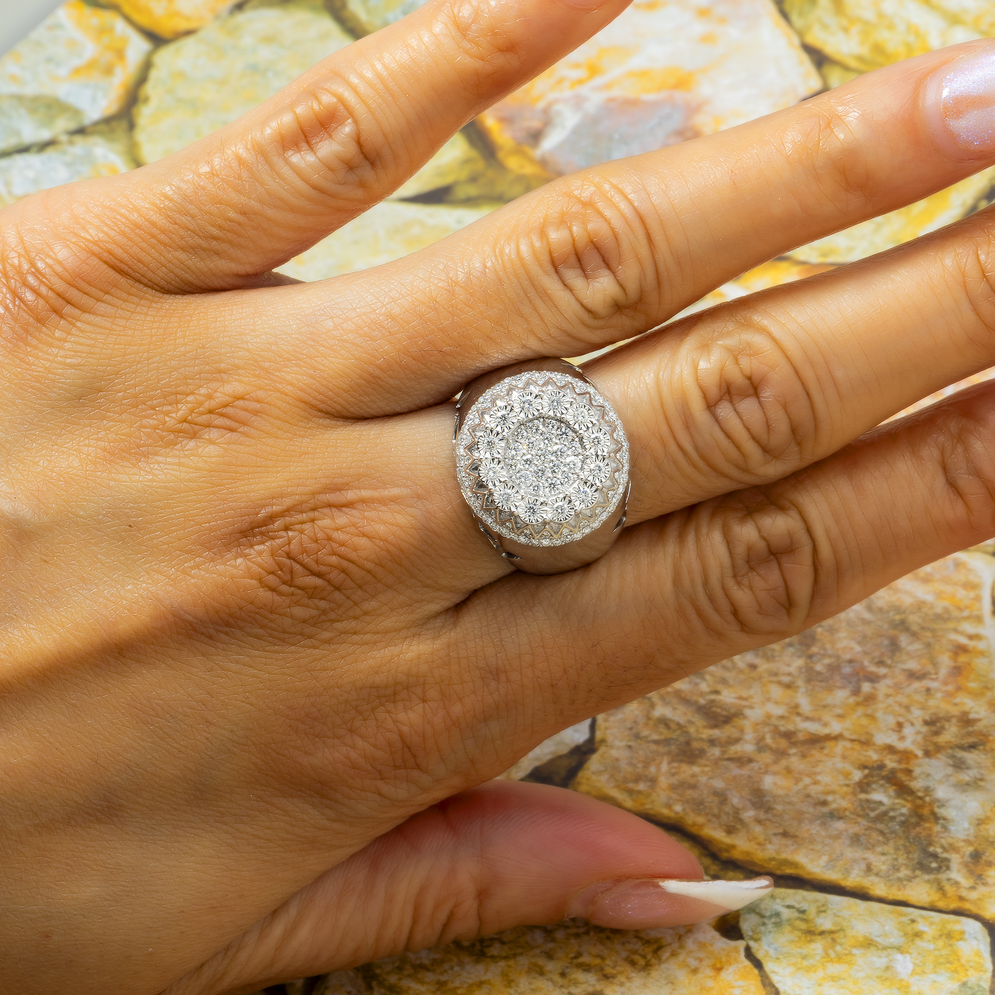 14K GOLD DIAMOND CIRCLE SHAPE STATEMENT RING 1.00 CT